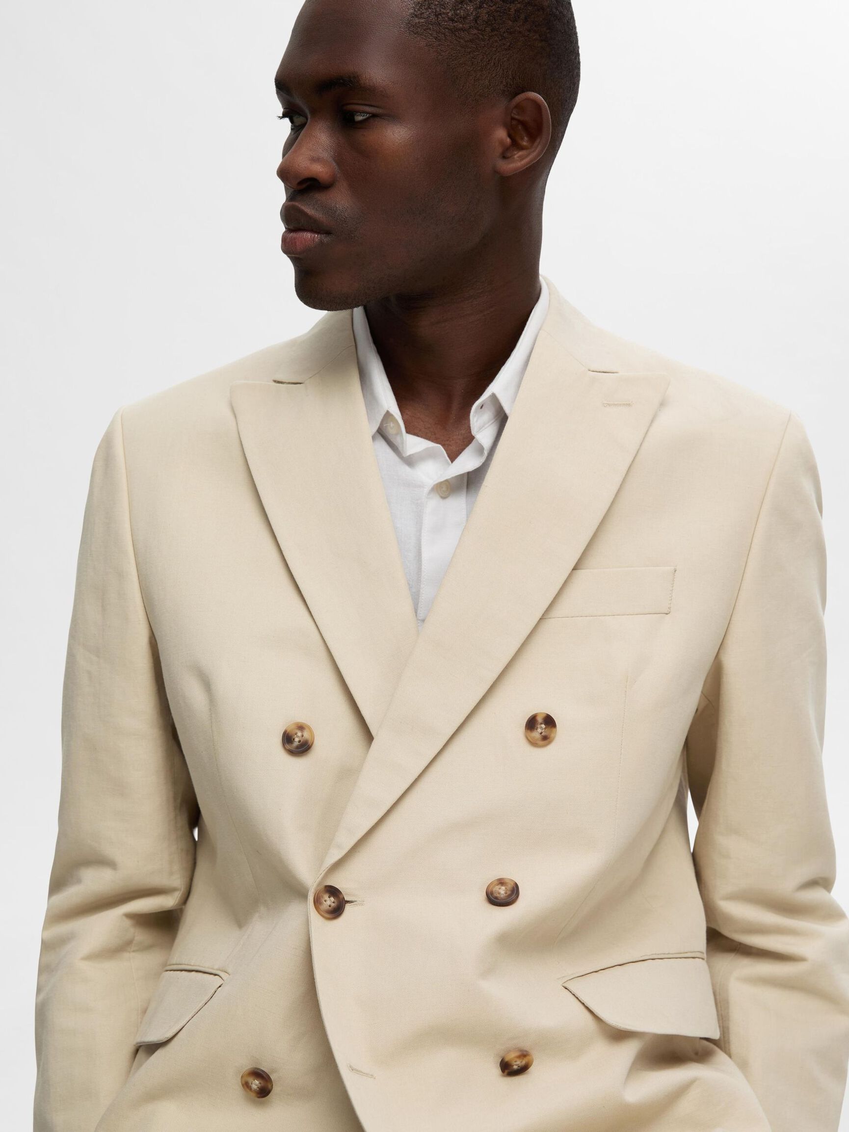 DOUBLE BREASTED LINEN BLEND BLAZER, Sand, highres