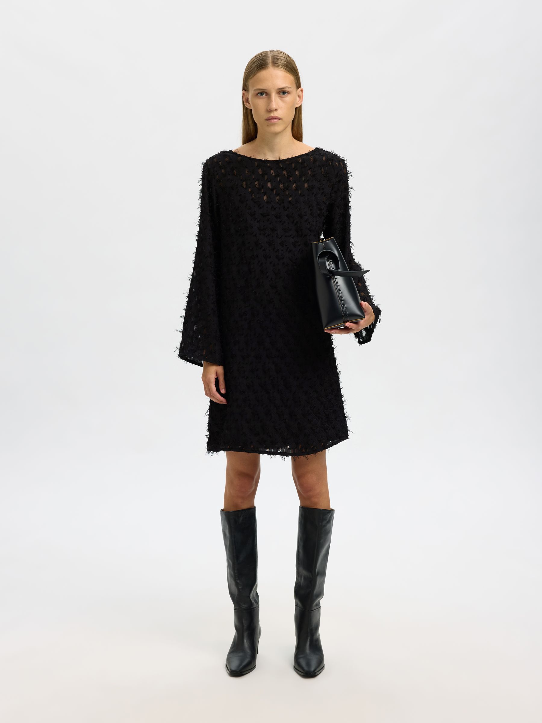 BOAT NECK JACQUARD MINI DRESS, Black, highres