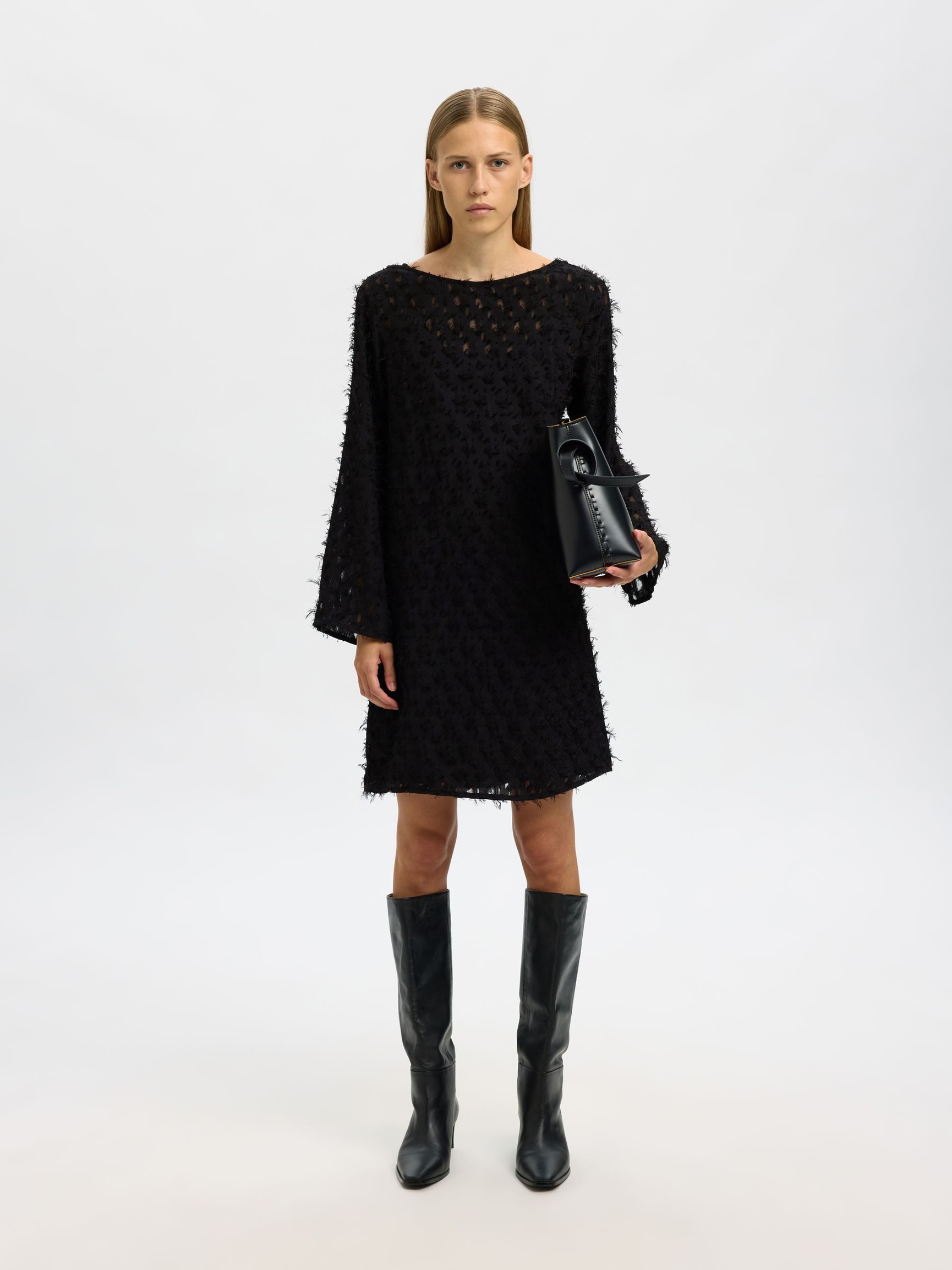 BÅTRINGNING JACQUARD MIDIKLÄNNING, Black, highres