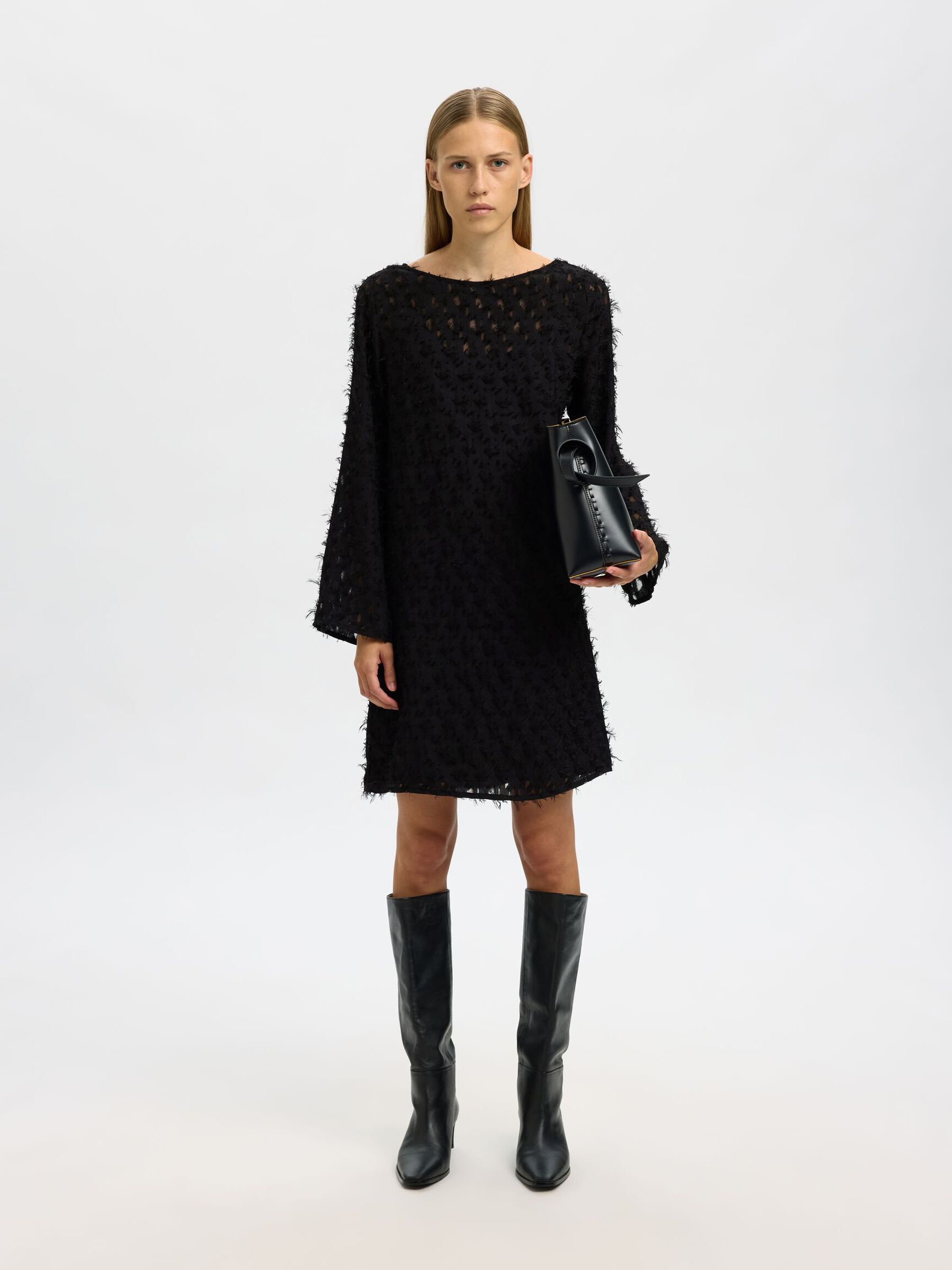 BOAT NECK JACQUARD MINI DRESS, Black, highres