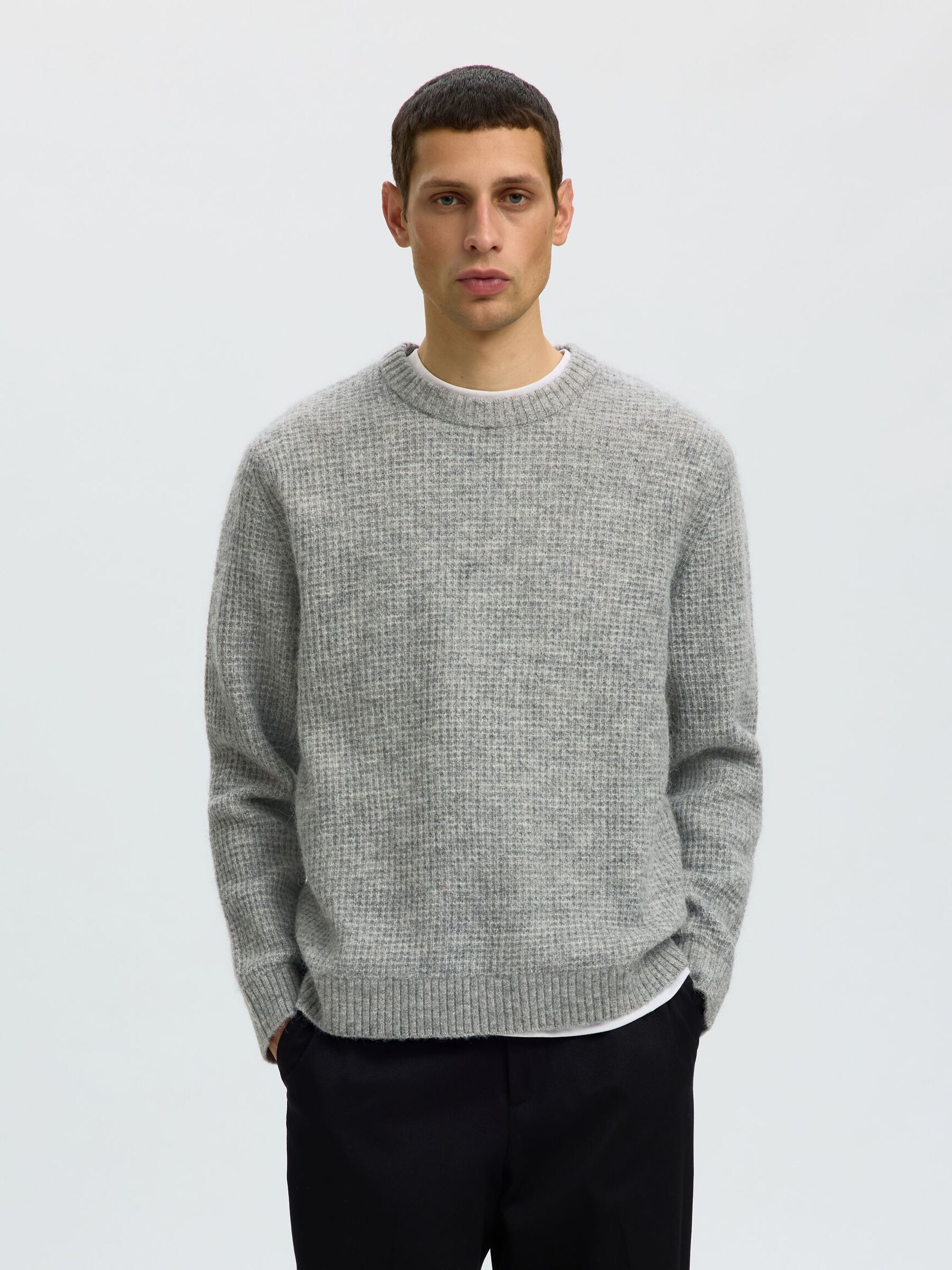 WAFFLE KNIT JUMPER, Light Grey Melange, highres