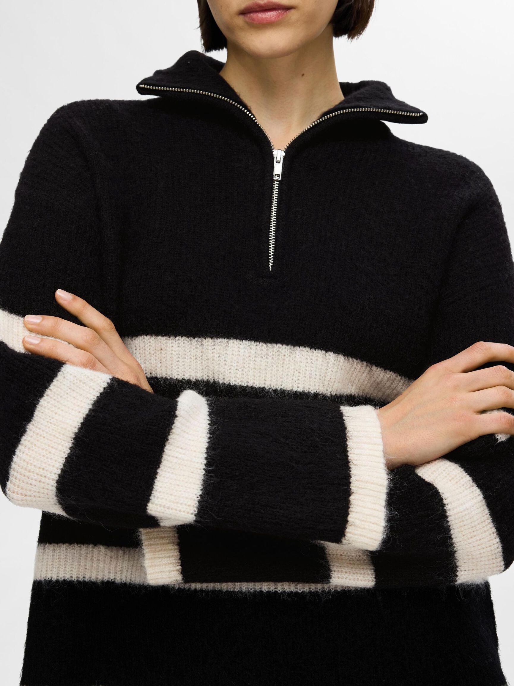 EN LAINE MÉLANGÉE À FERMETURE ÉCLAIR PULLOVER, Black, highres