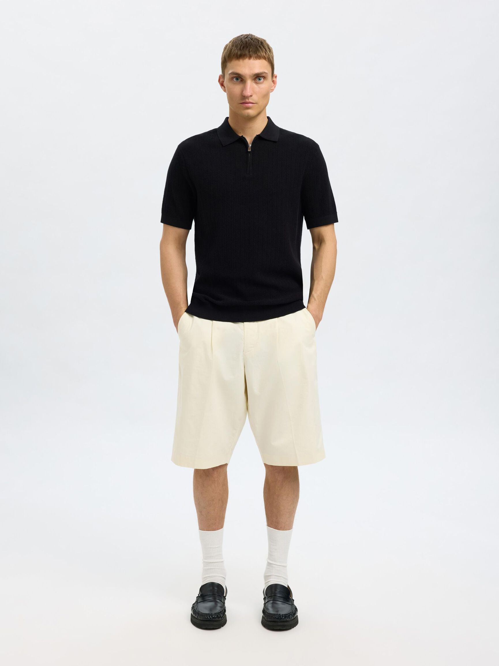 ZIP UP POLO SHIRT, Black, highres