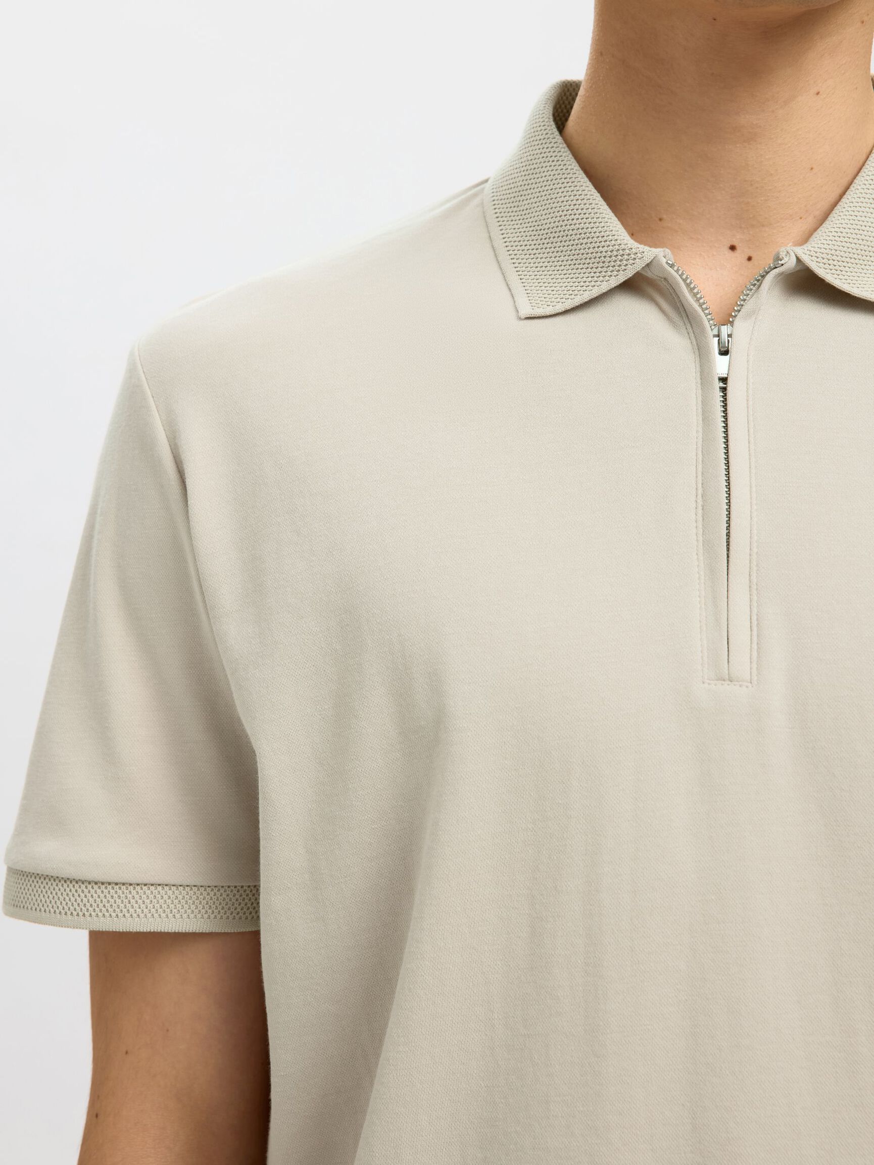 ZIPPER POLO SHIRT, Oatmeal, highres