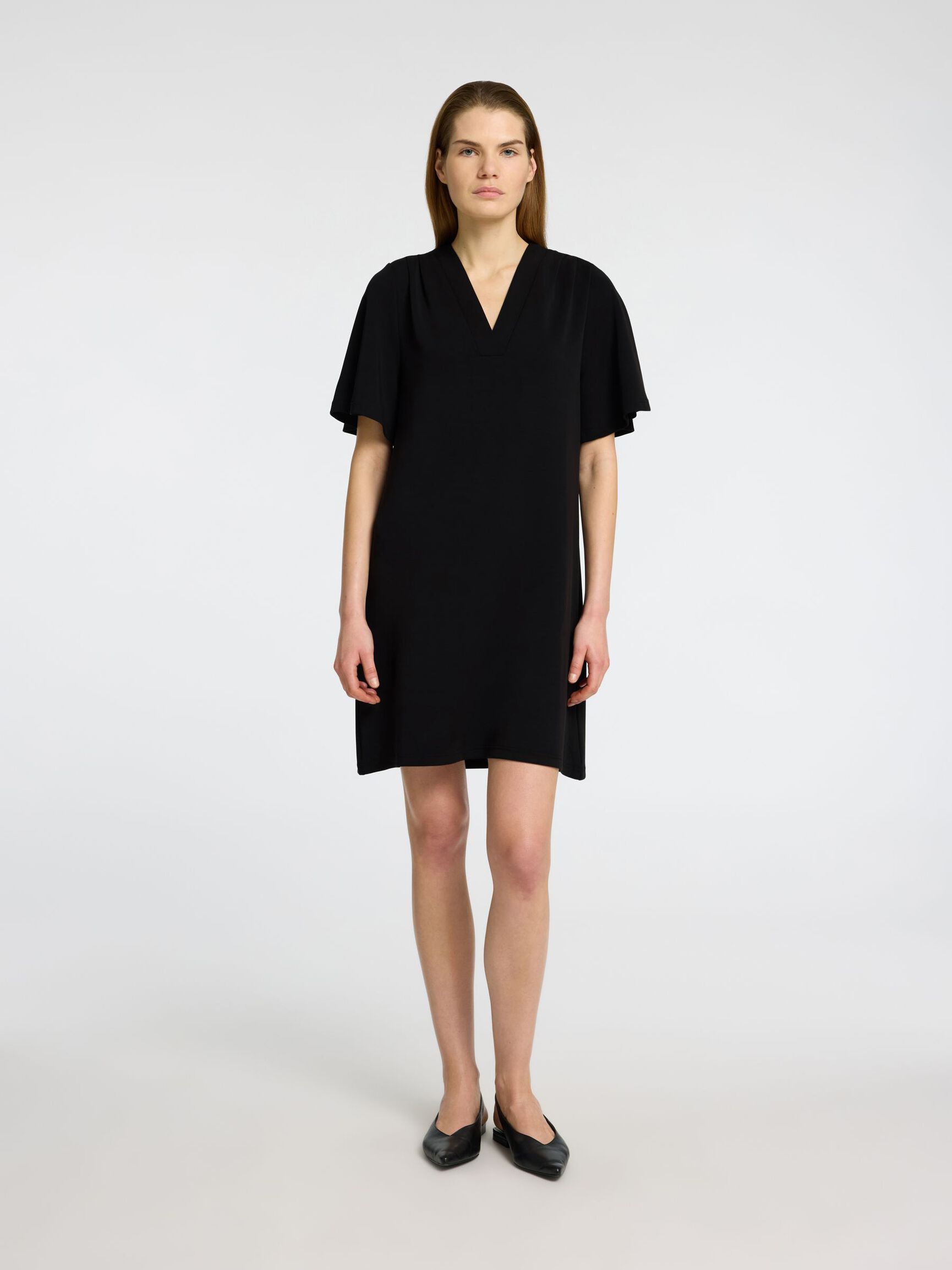SHORT V-NECK DRESS, Black, highres