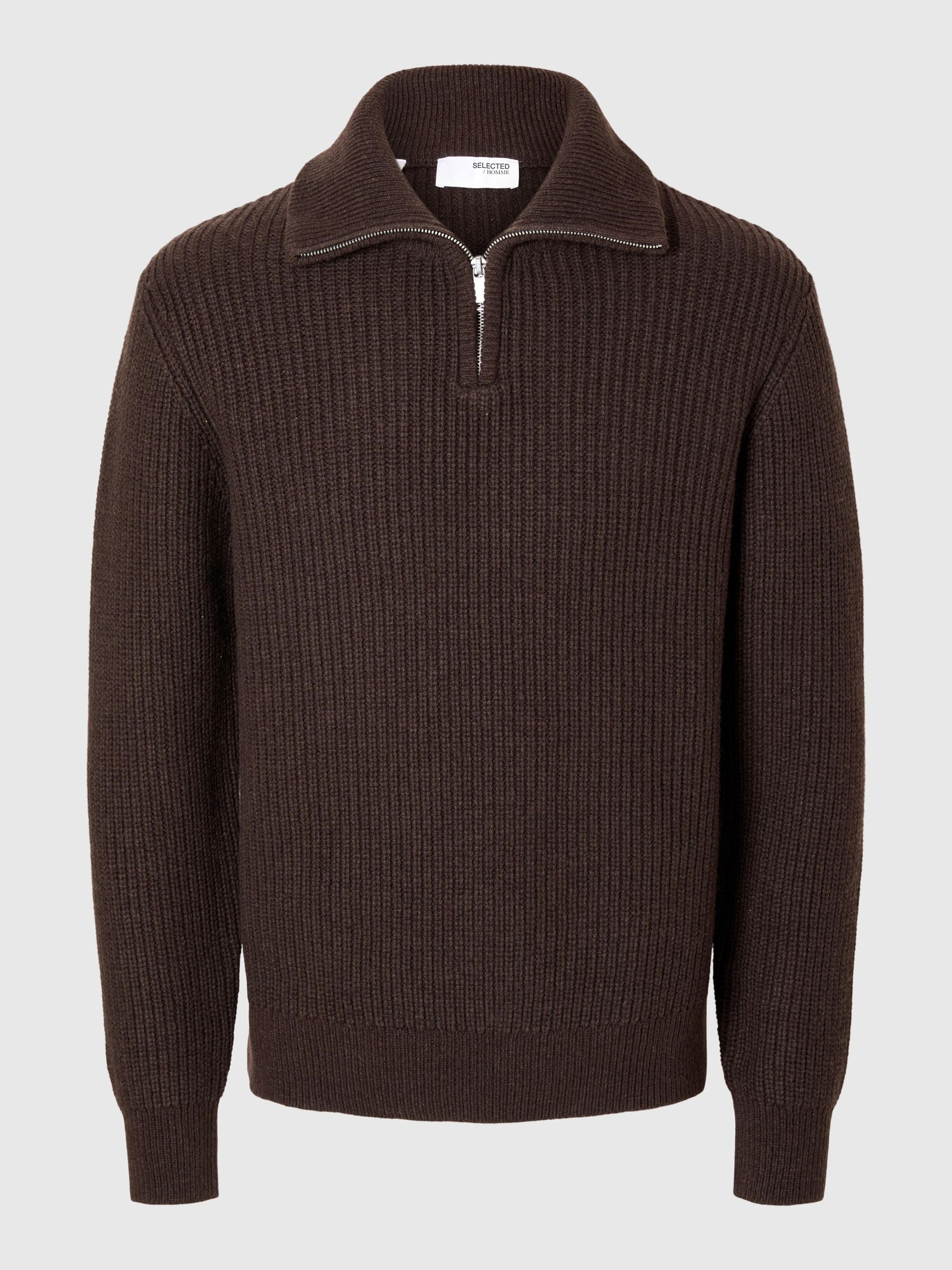 KNITTED WOOL BLEND HALF-ZIP JUMPER, Chocolate Torte, highres