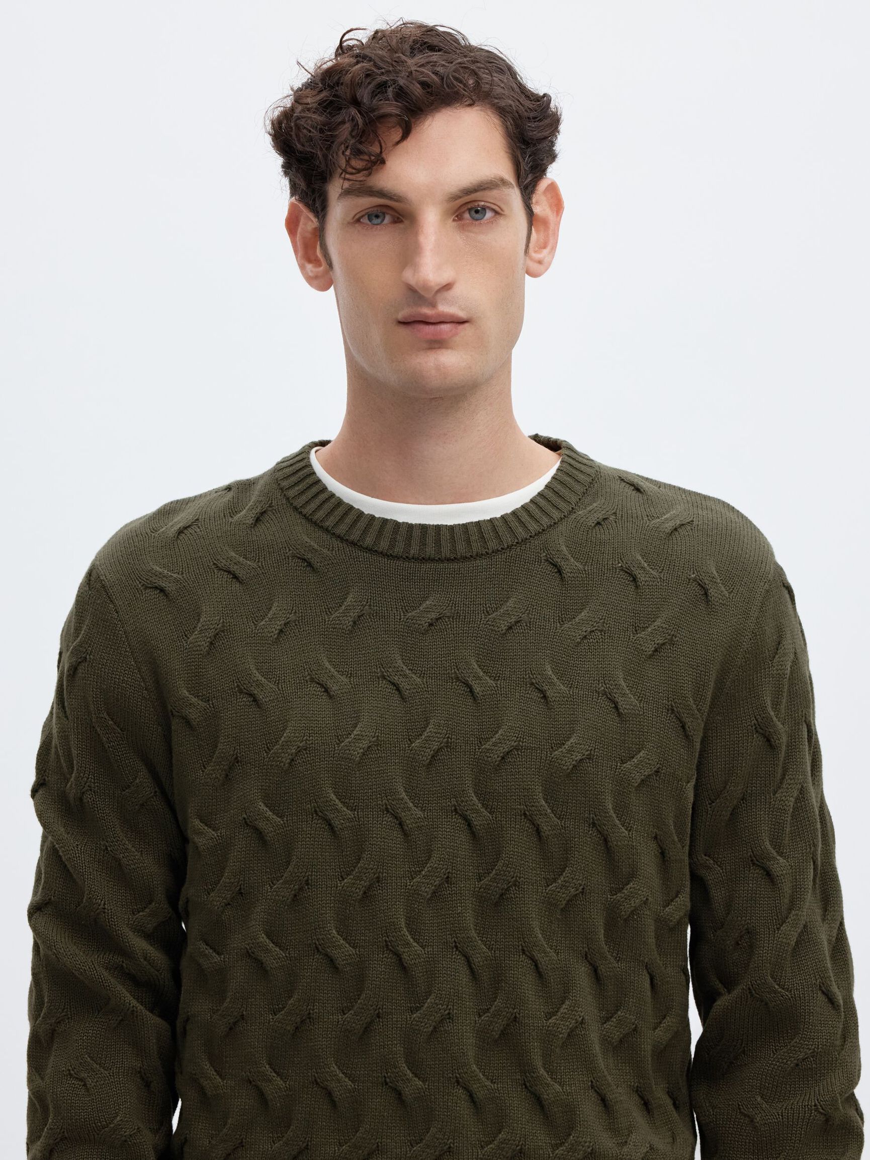 CABLE KNIT CREWNECK JUMPER, Forest Night, highres