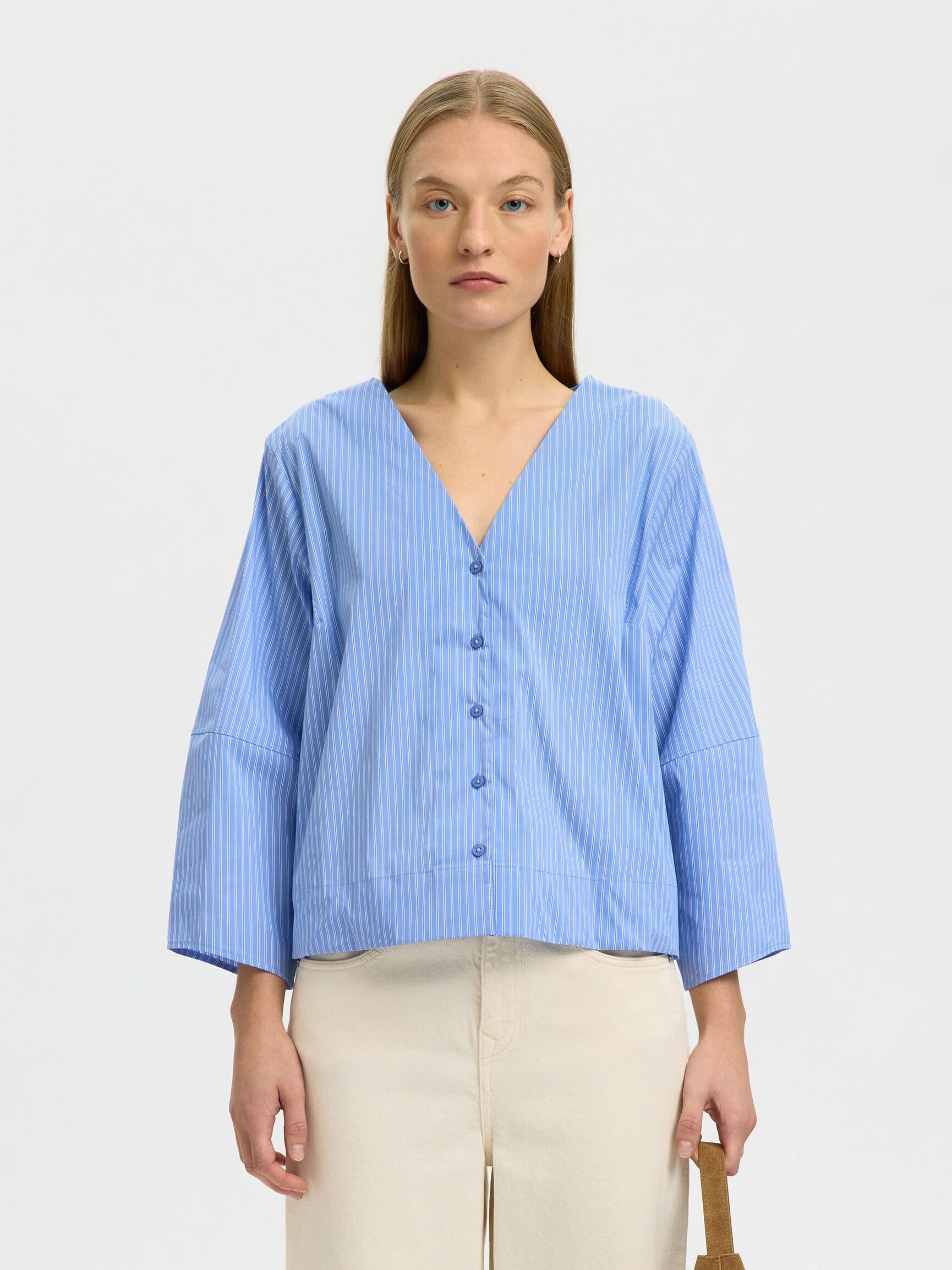 COTTON BLEND 3/4 SLEEVED BLOUSE, Dusty Blue, highres
