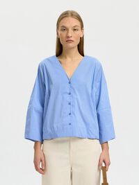 COTTON BLEND 3/4 SLEEVED BLOUSE, Dusty Blue, highres