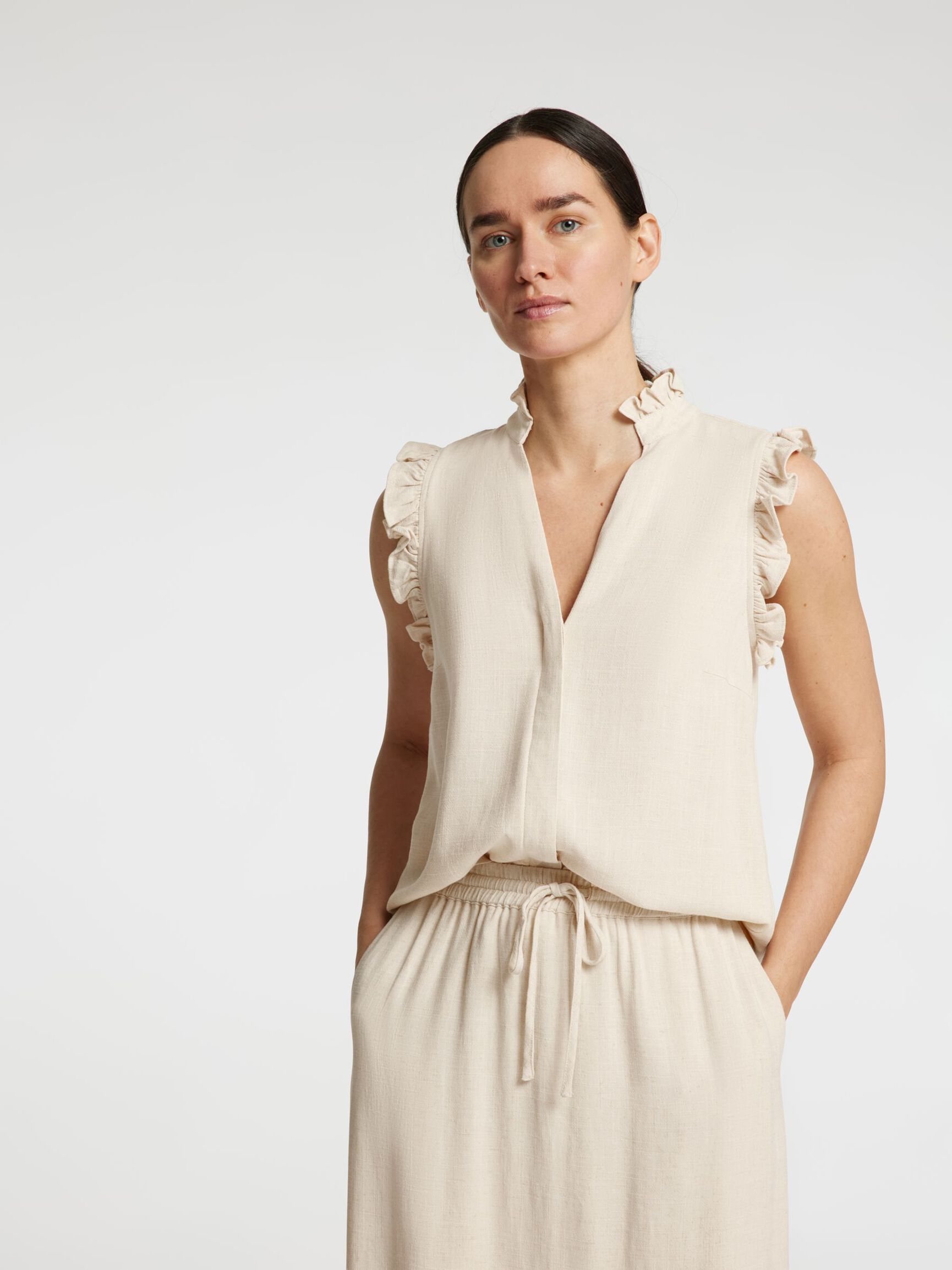 SLEEVELESS RUFFLE DETAIL TOP, Sandshell, highres