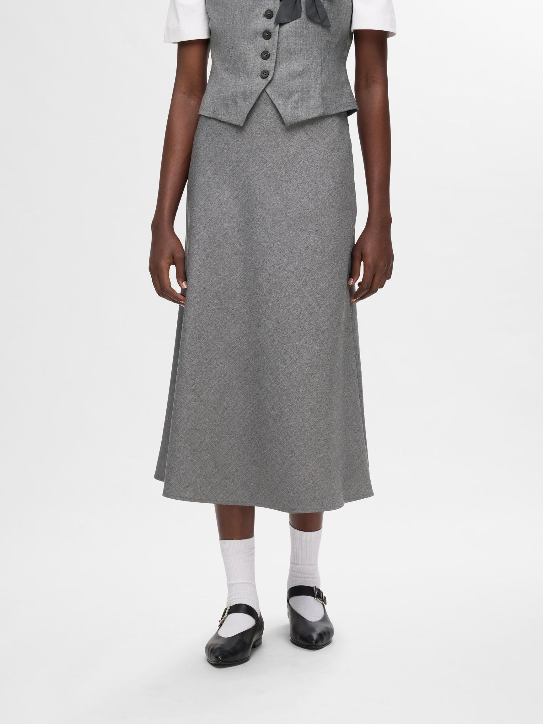 TAILORED WOOL BLEND MIDI SKIRT, Grey Melange, highres