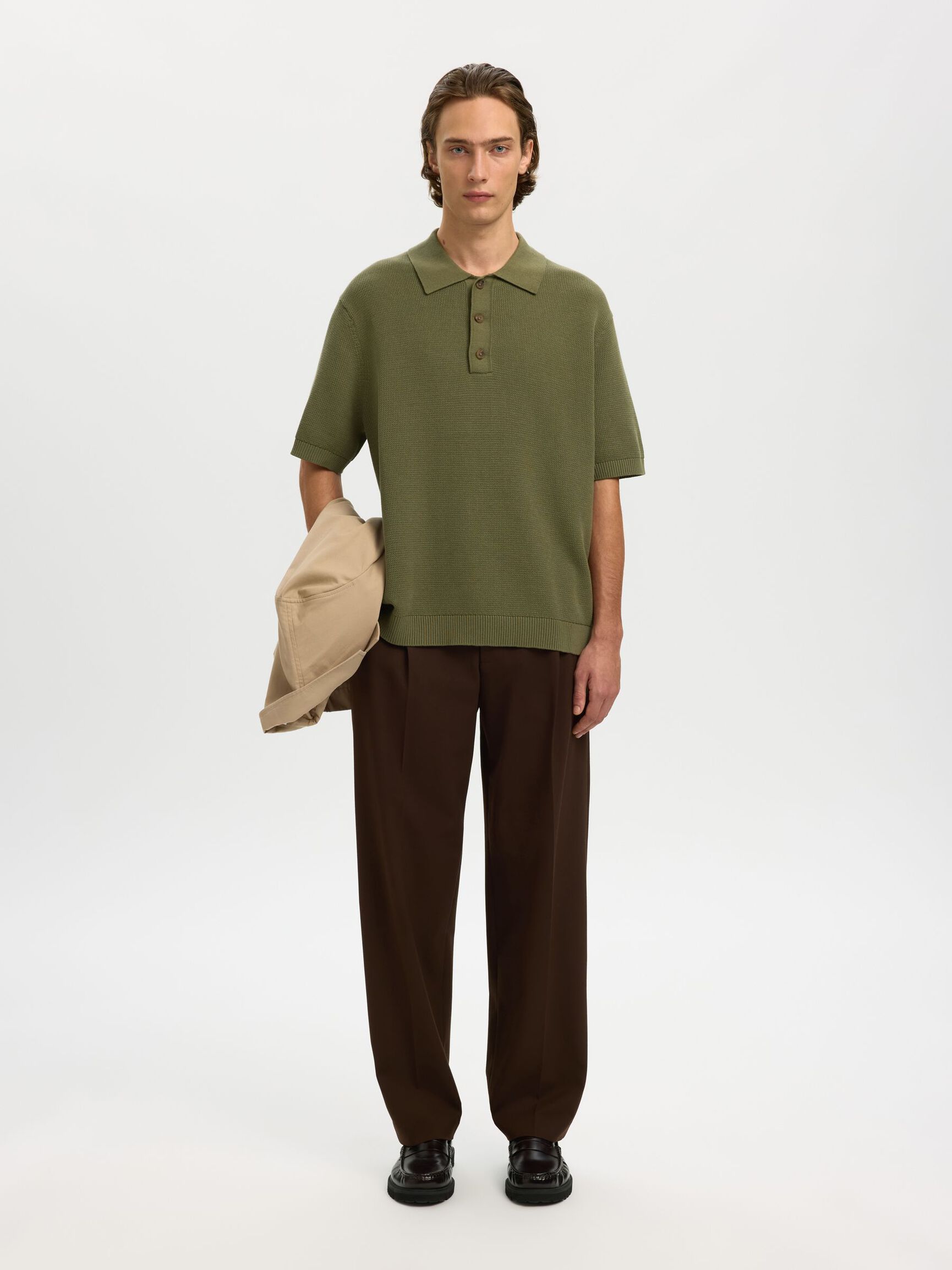 RELAXED FIT POLOHEMD AUS STRICK, Deep Lichen Green, highres
