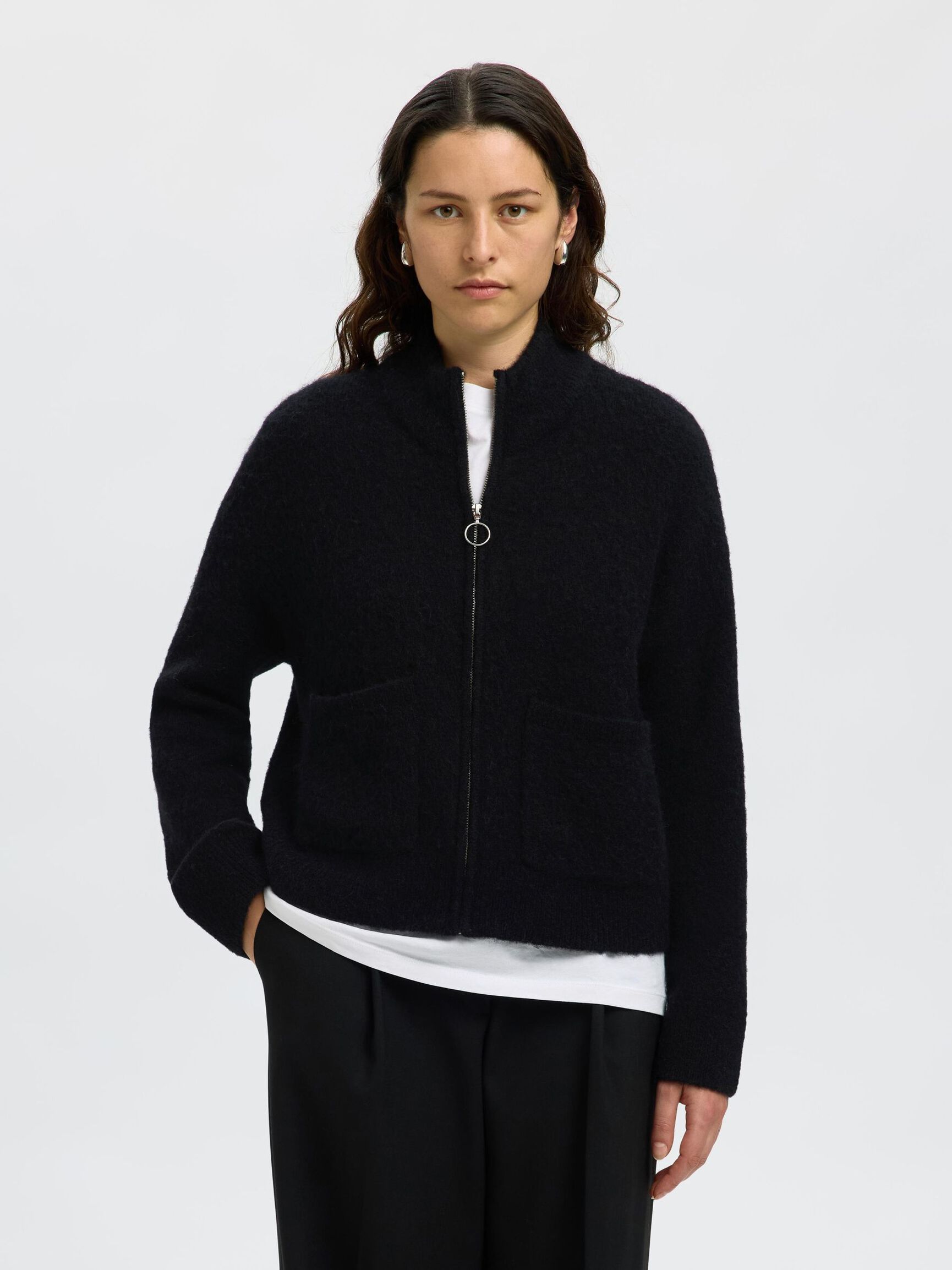 WOOL BLEND CARDIGAN, Black, highres