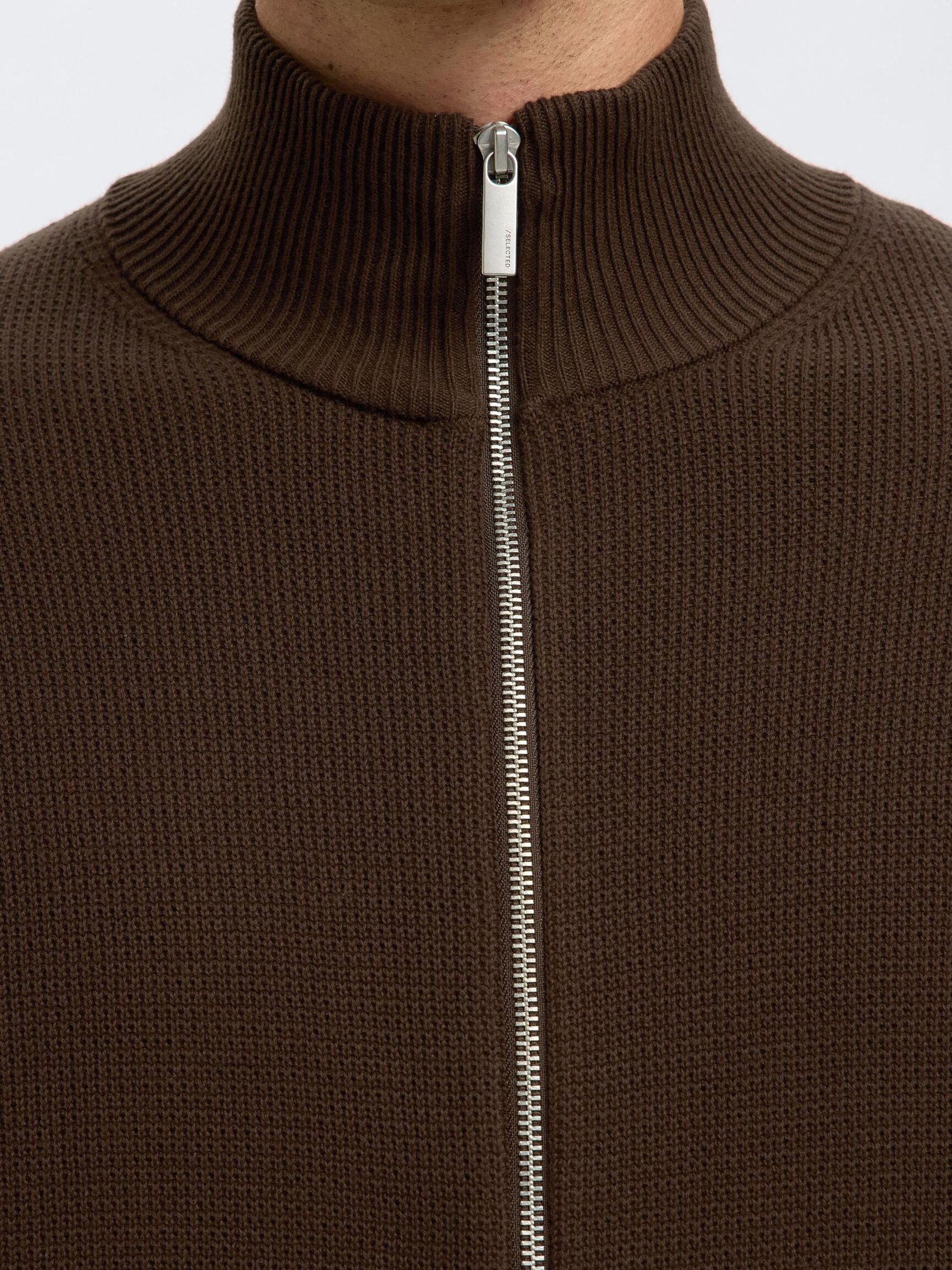 ZIPPED HIGH NECK KNITTED CARDIGAN, Demitasse, highres