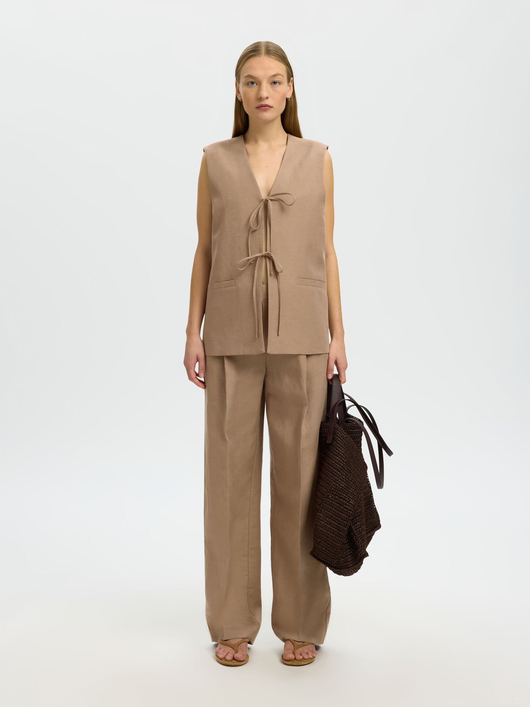 LINEN BLEND VEST, White Pepper, highres