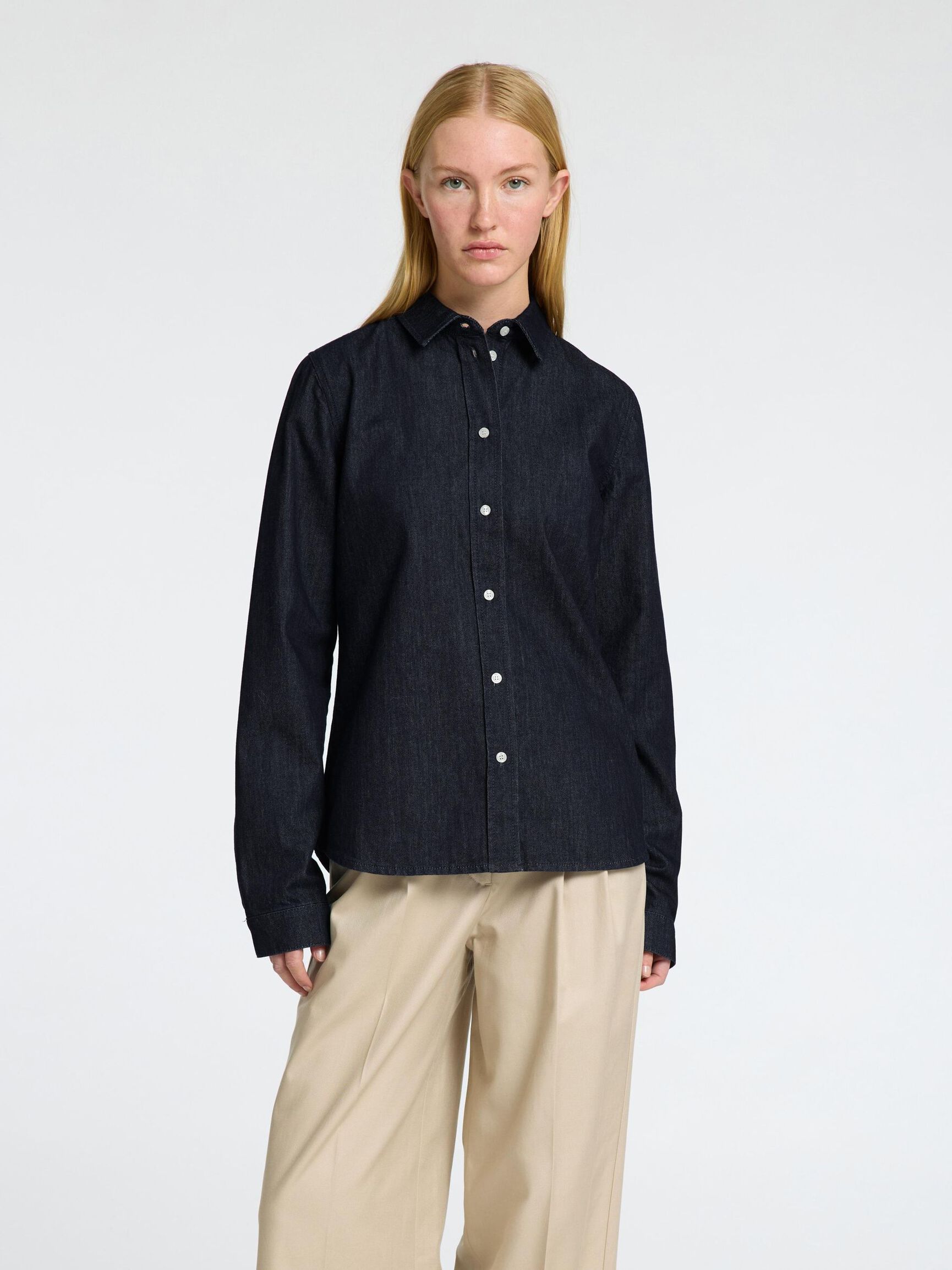 LONG SLEEVED FITTED DENIM SHIRT, Dark Blue Denim, highres