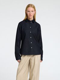 LONG SLEEVED FITTED DENIM SHIRT, Dark Blue Denim, highres