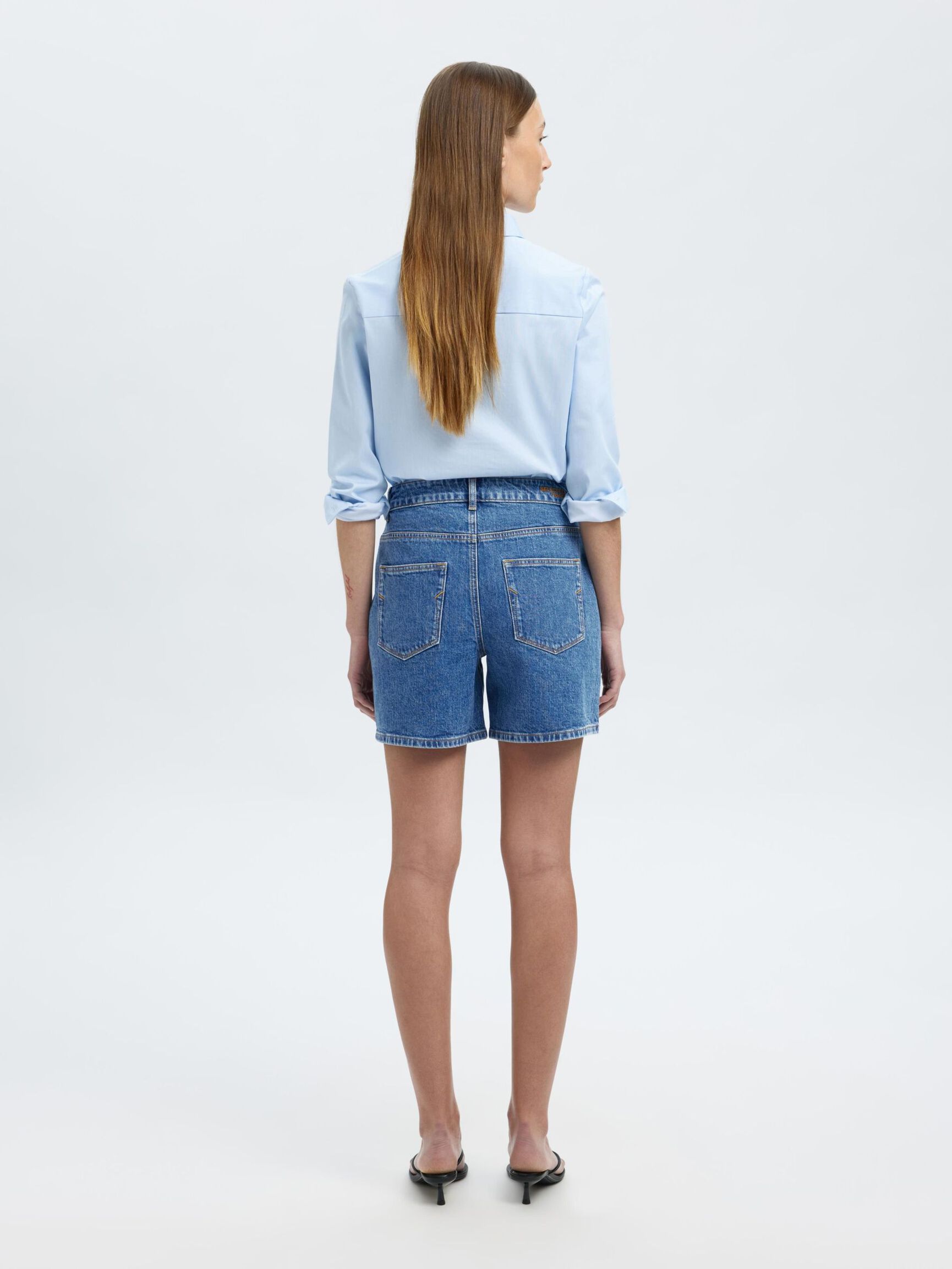 HIGH-WAISTED DENIM SHORTS, Medium Blue Denim, highres
