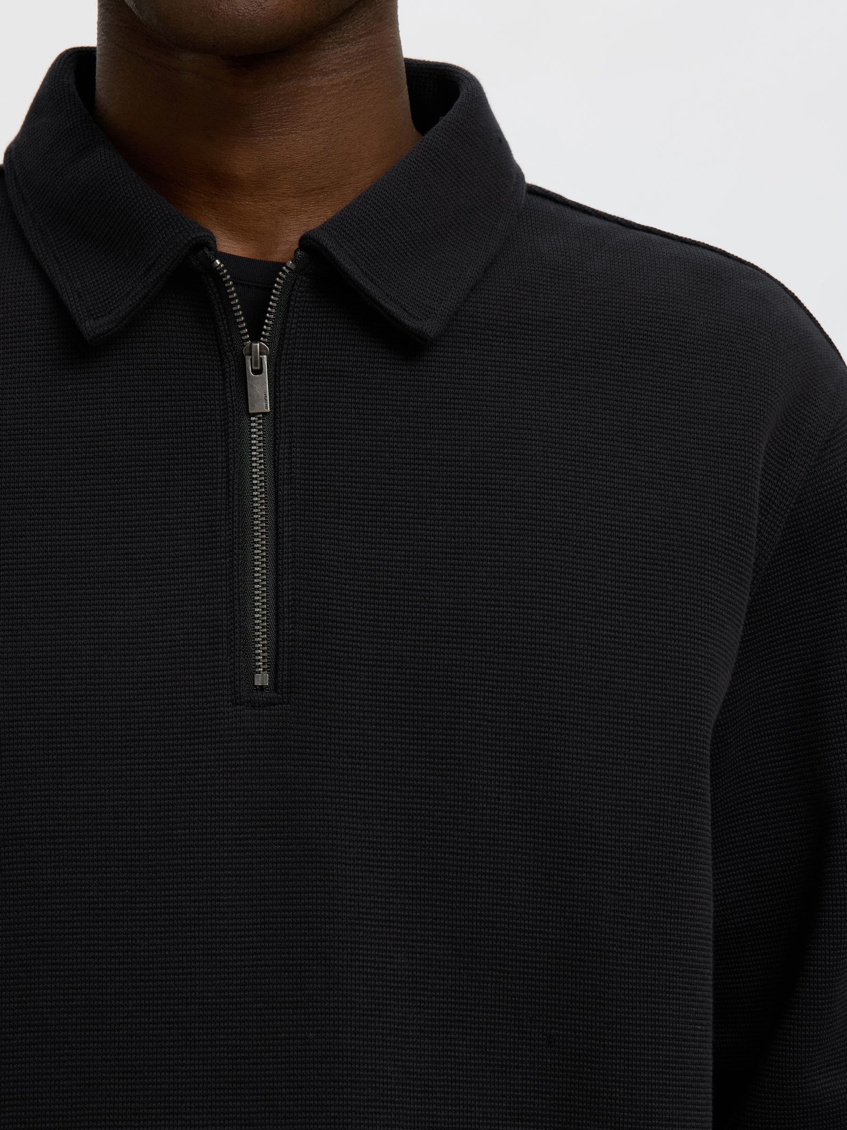RIBBED HALF ZIP LONG-SLEEVED POLO, Black, highres
