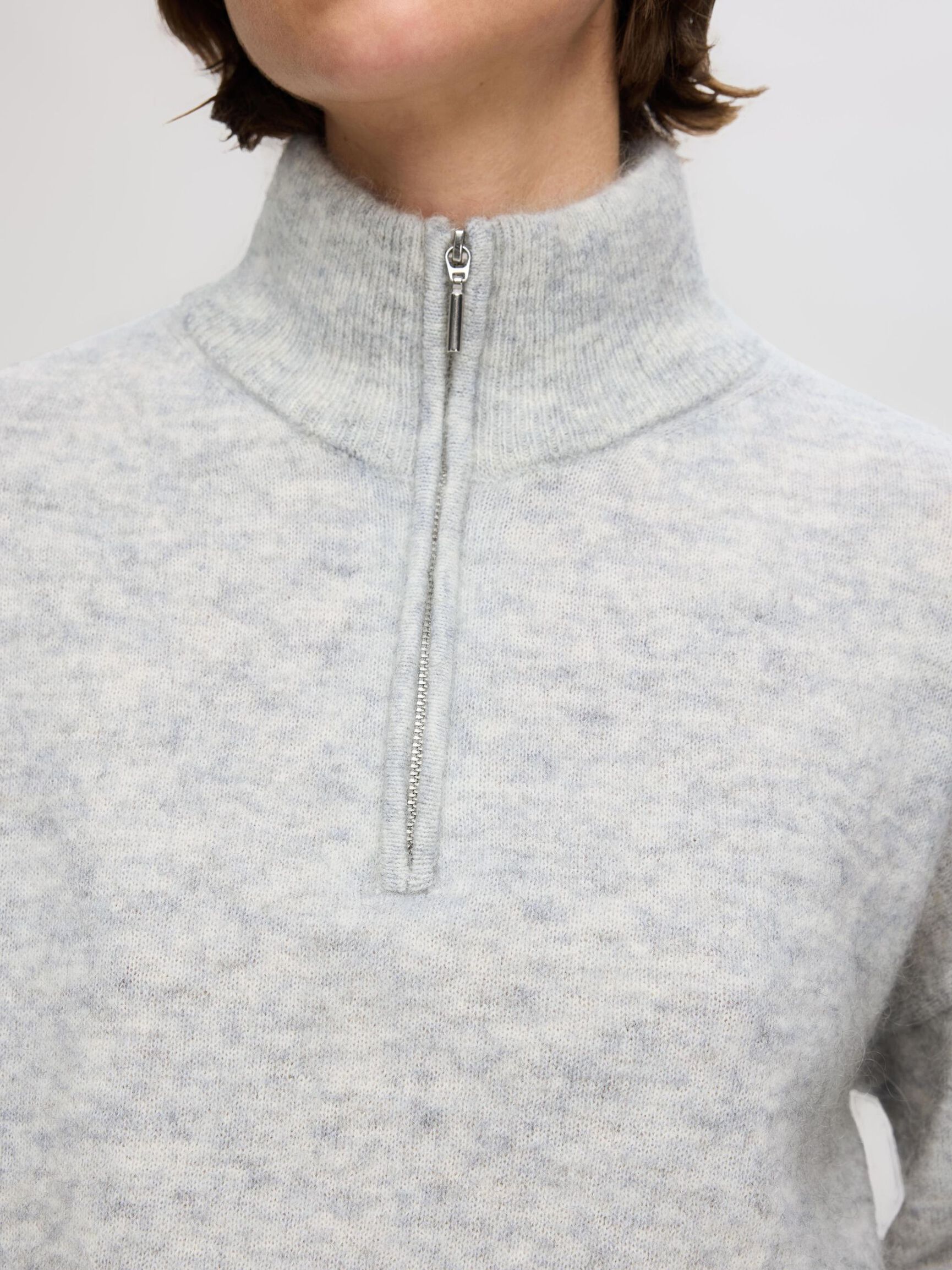 WOOL BLEND  HALF-ZIP JUMPER, Light Grey Melange, highres