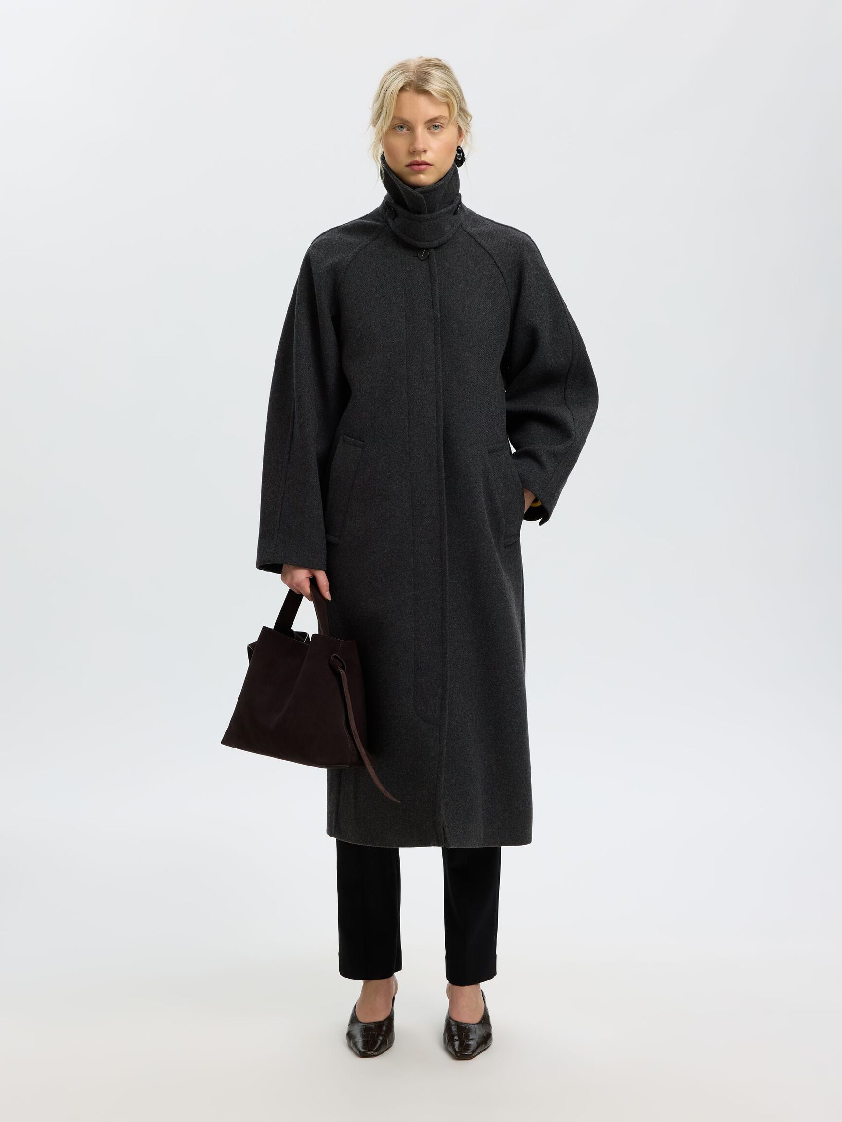 LAINE MÉLANGÉE LONG MANTEAU, Dark Grey, highres