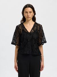 LACE SHORT SLEEVED TOP, Black, highres