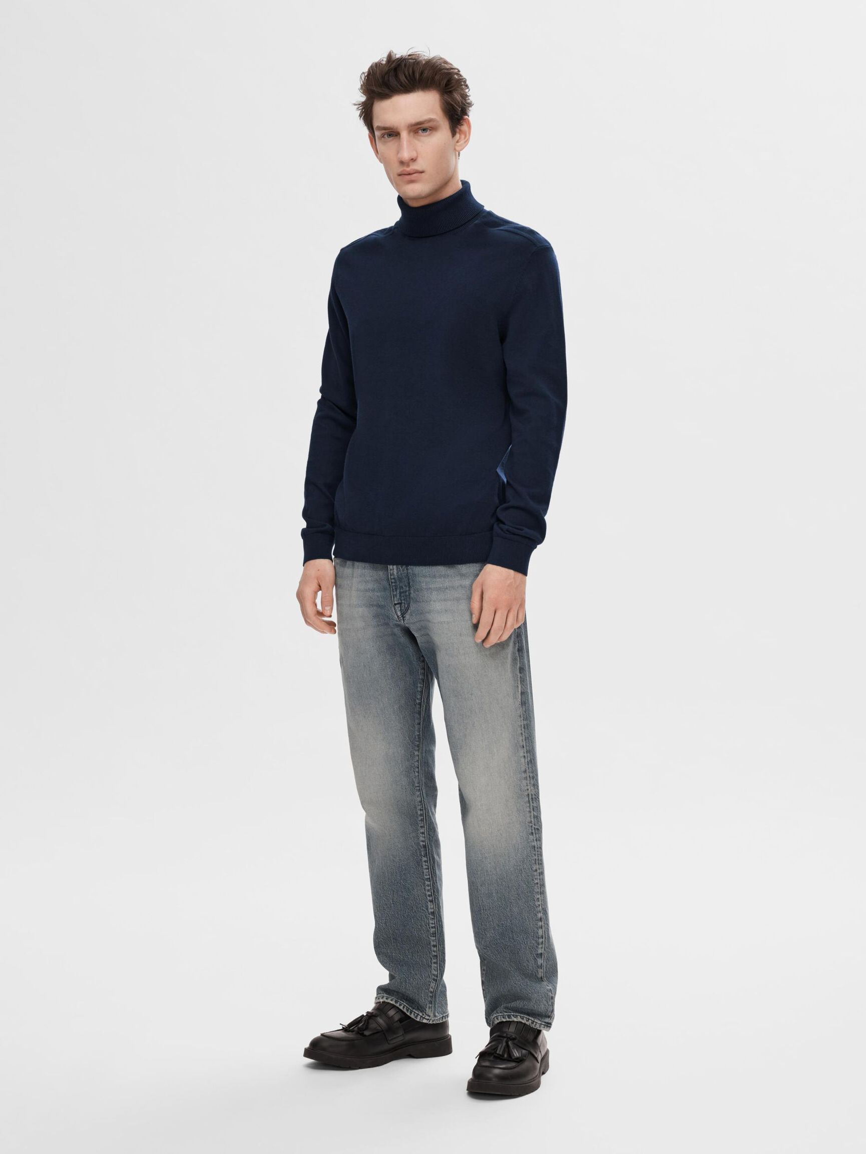 LONG-SLEEVED ROLL NECK PULLOVER, Navy Blazer, highres