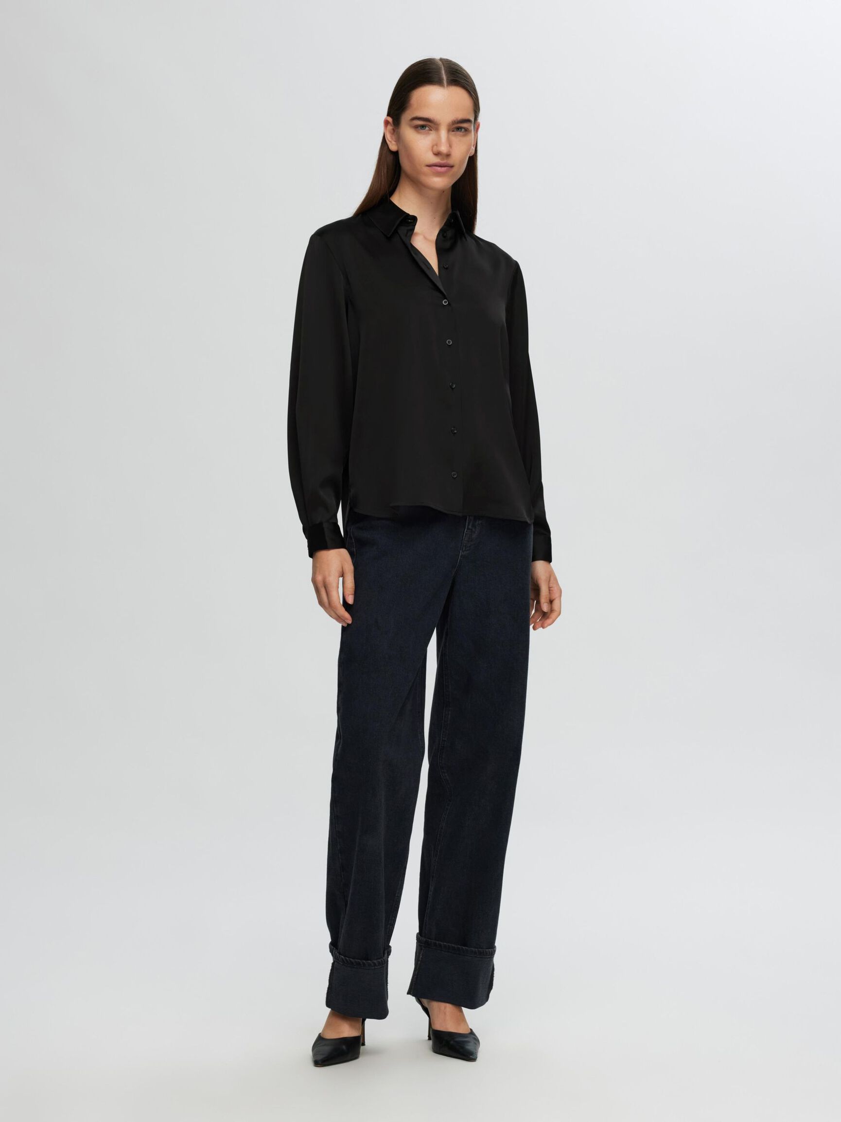 MANCHES LONGUES CHEMISE EN SATIN, Black, highres