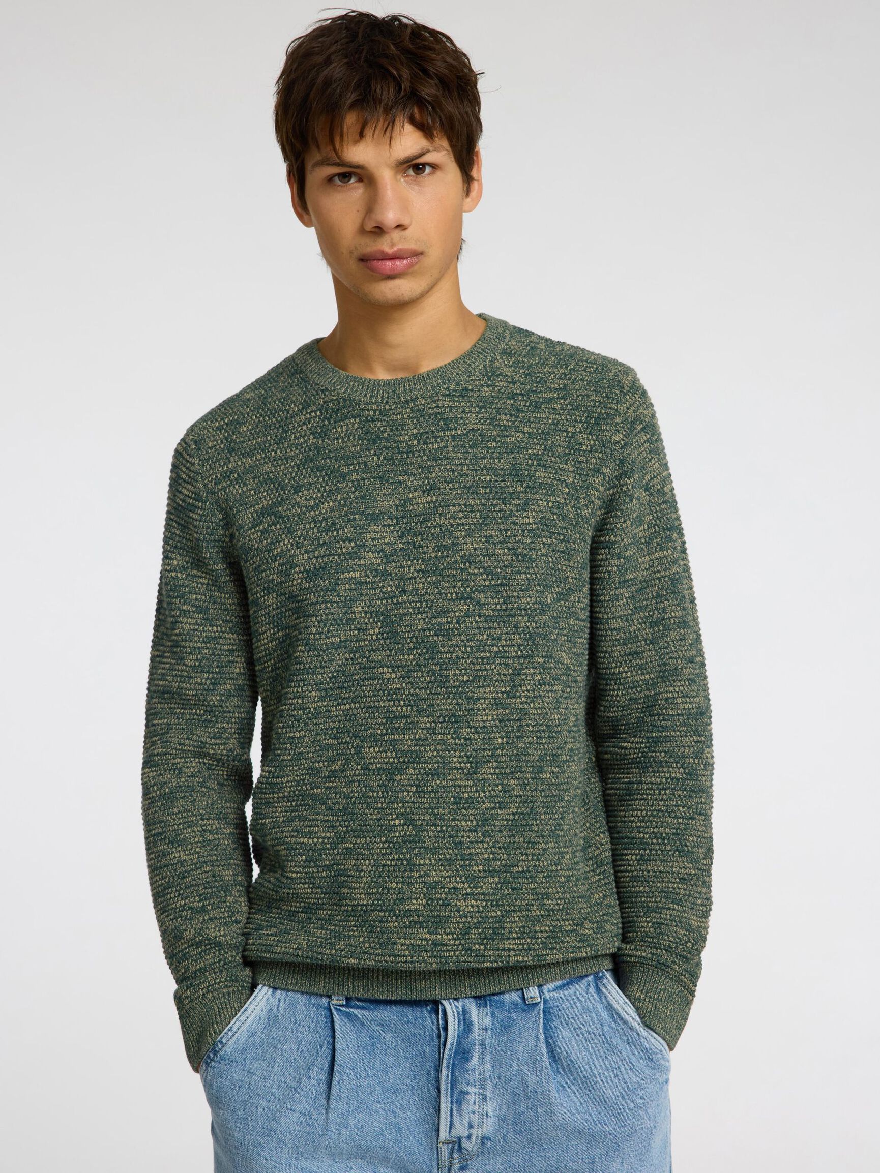 CREW NECK KNITTED PULLOVER, Rain Forest, highres