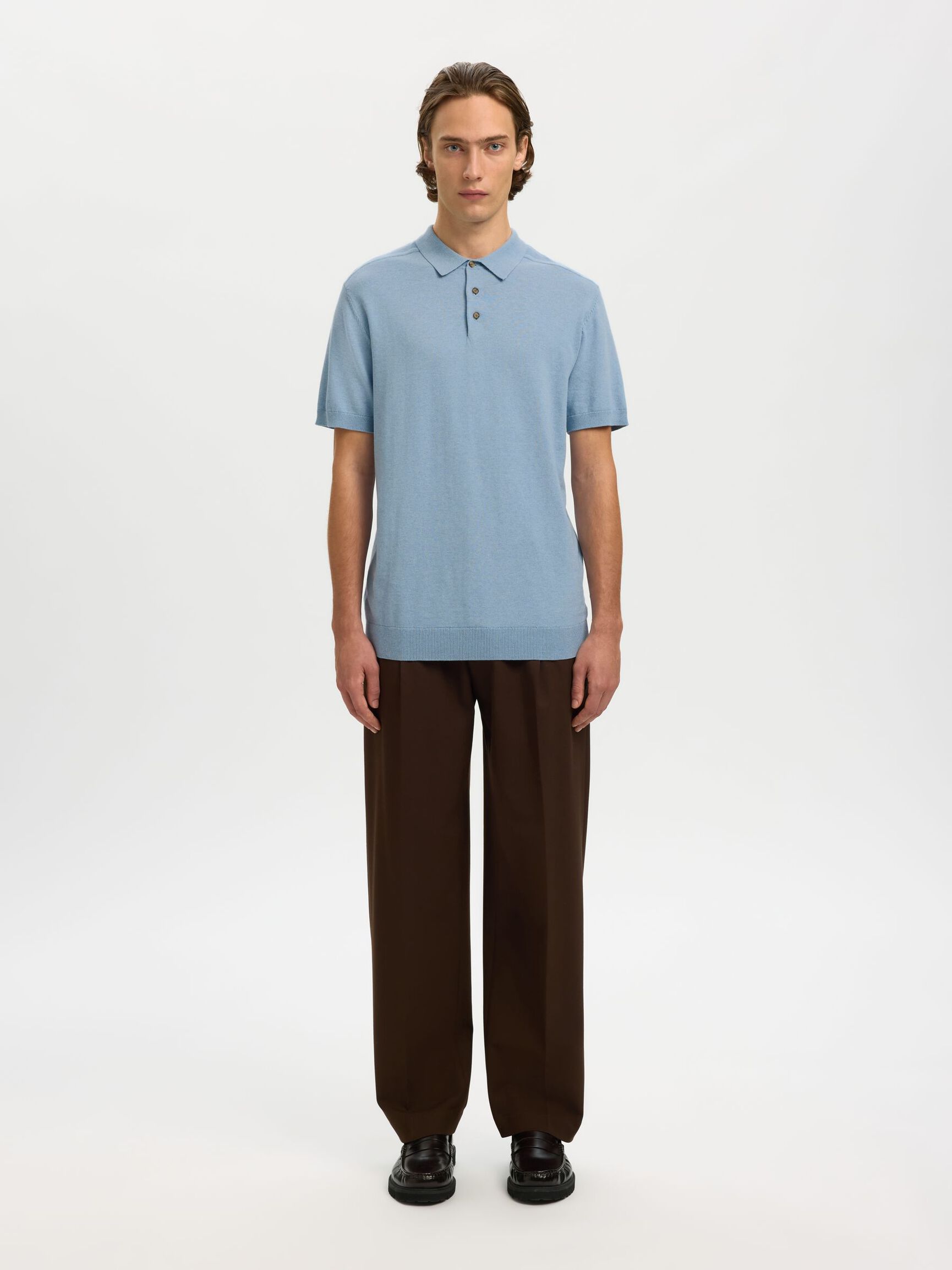 KNITTED POLO SHIRT, Dusty Blue, highres