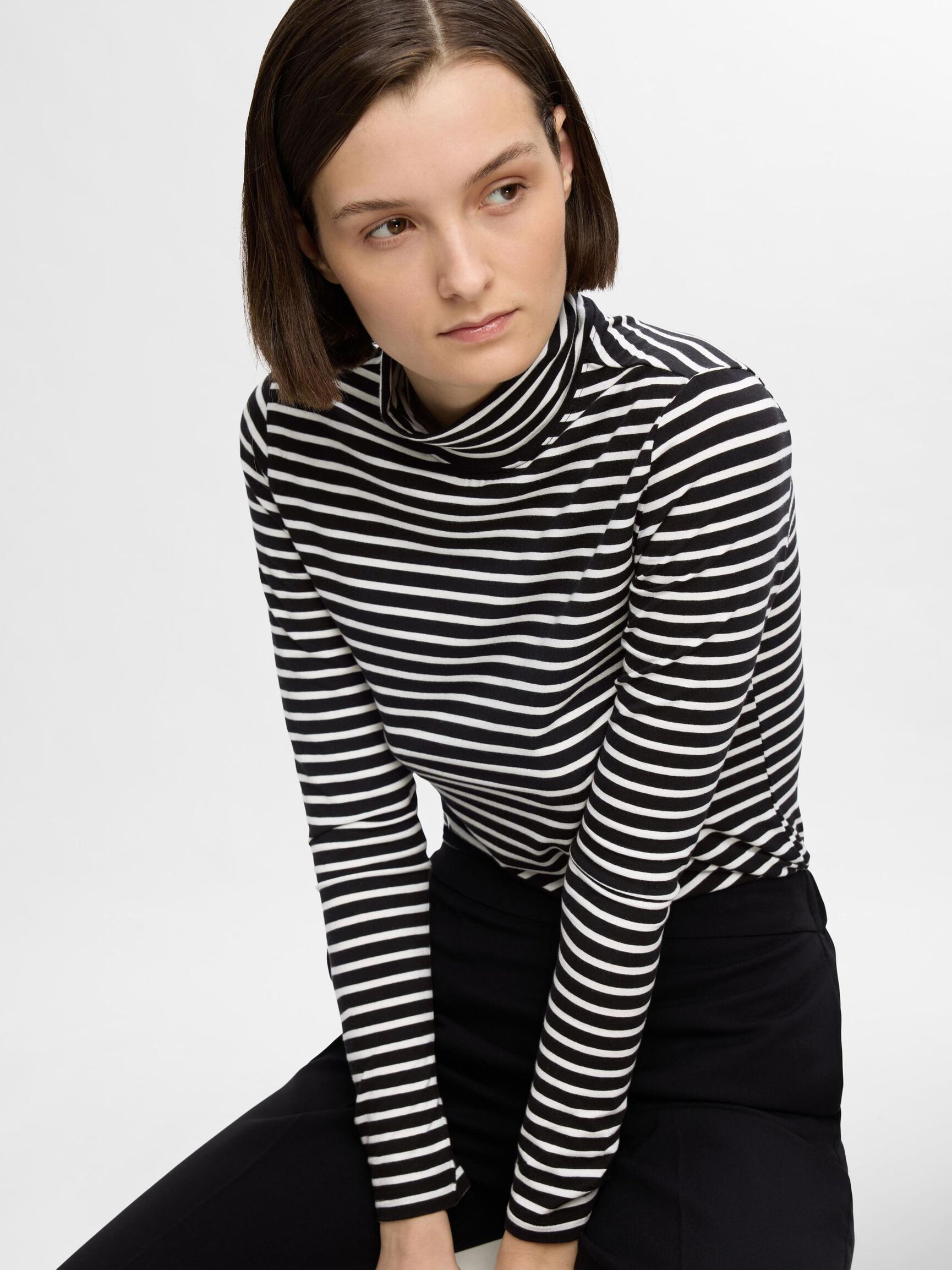 STRIPED LONG SLEEVED TOP, Black, highres