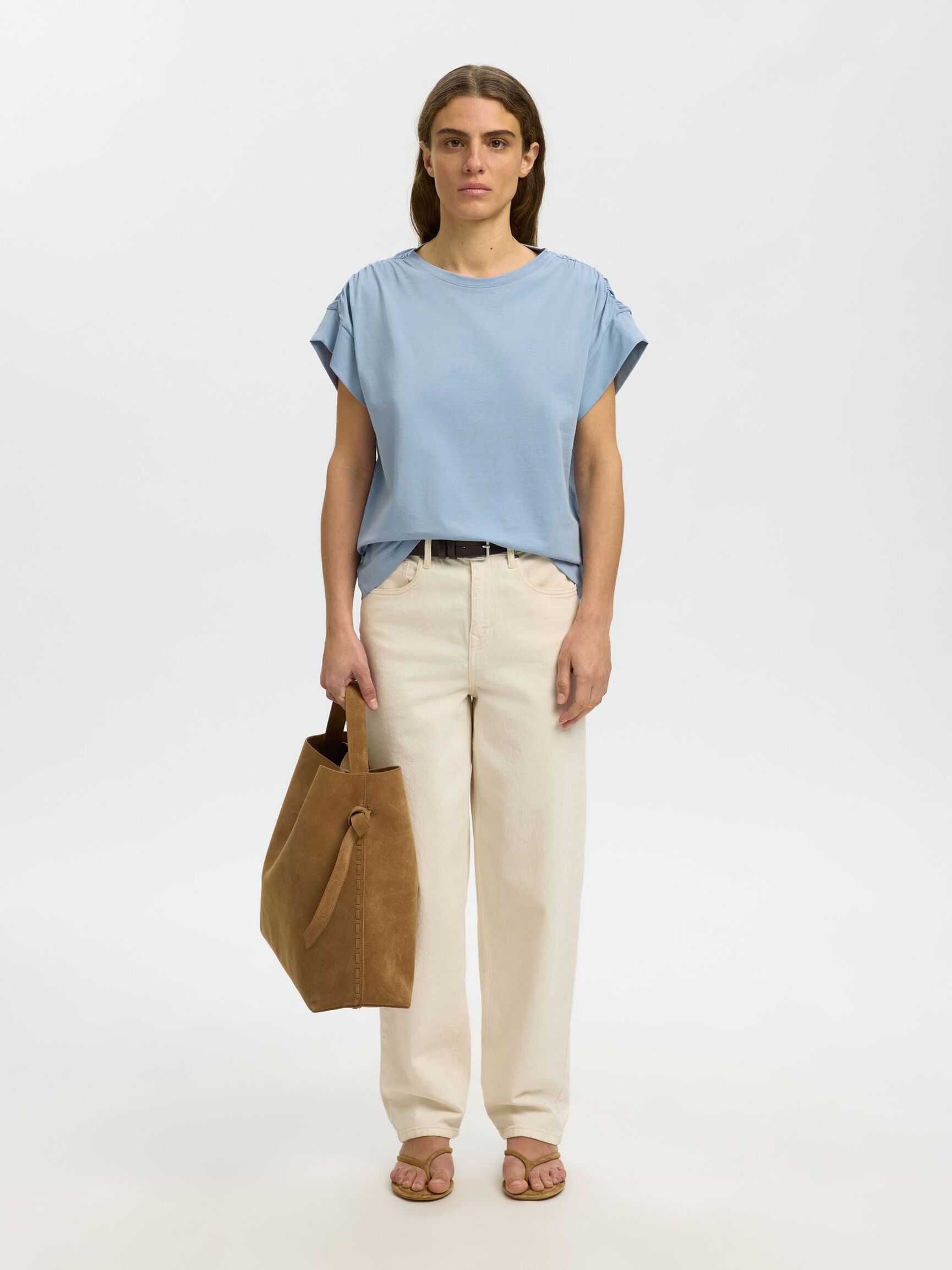 COTTON SHORT SLEEVED TOP, Dusty Blue, highres