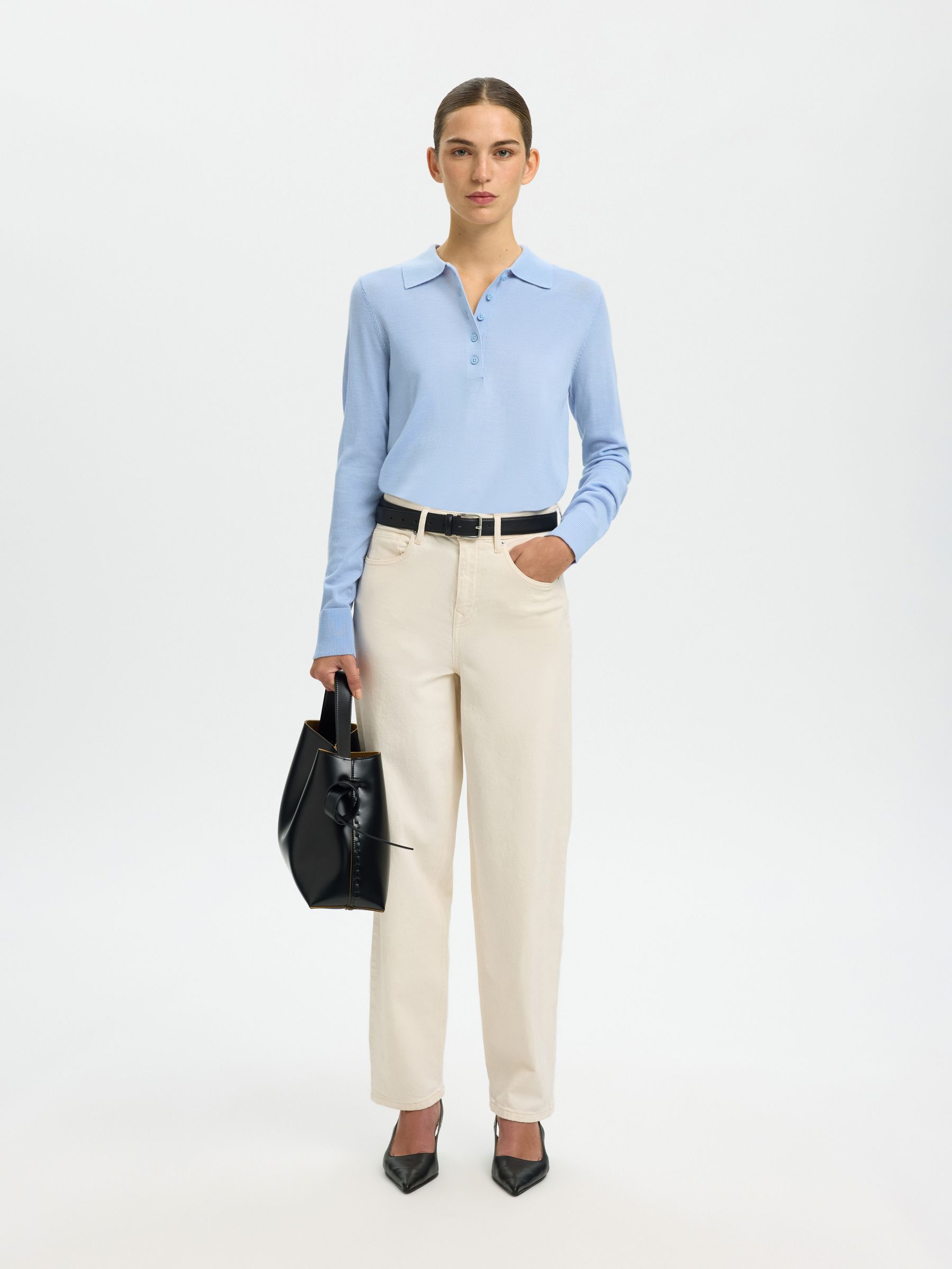 100% MERINOULD STRIKKET POLOSHIRT, Cashmere Blue, highres