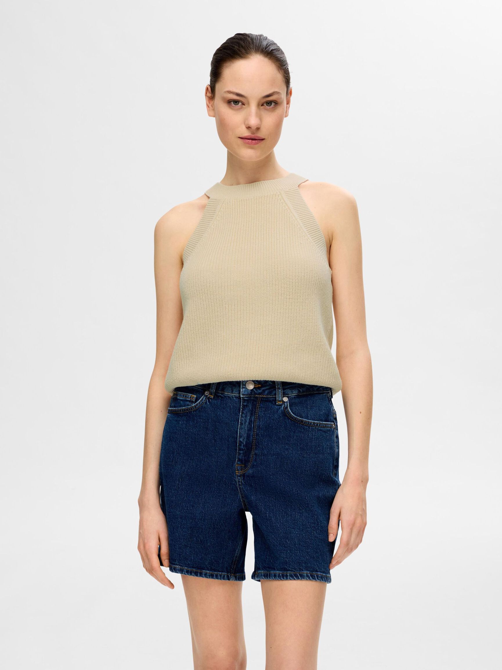 KNITTED HALTERNECK TOP, Birch, highres