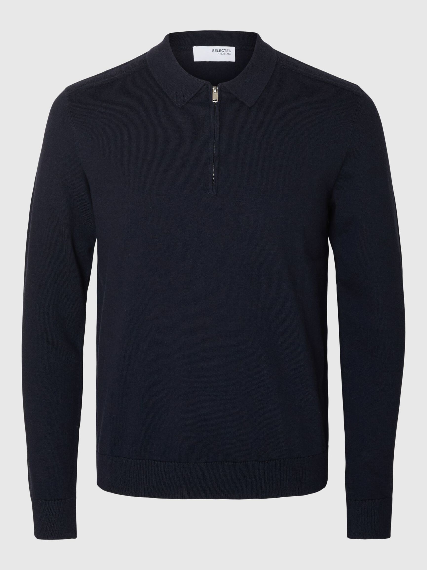 KNITTED LONG-SLEEVED POLO, Navy Blazer, highres