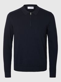 KNITTED LONG-SLEEVED POLO, Navy Blazer, highres