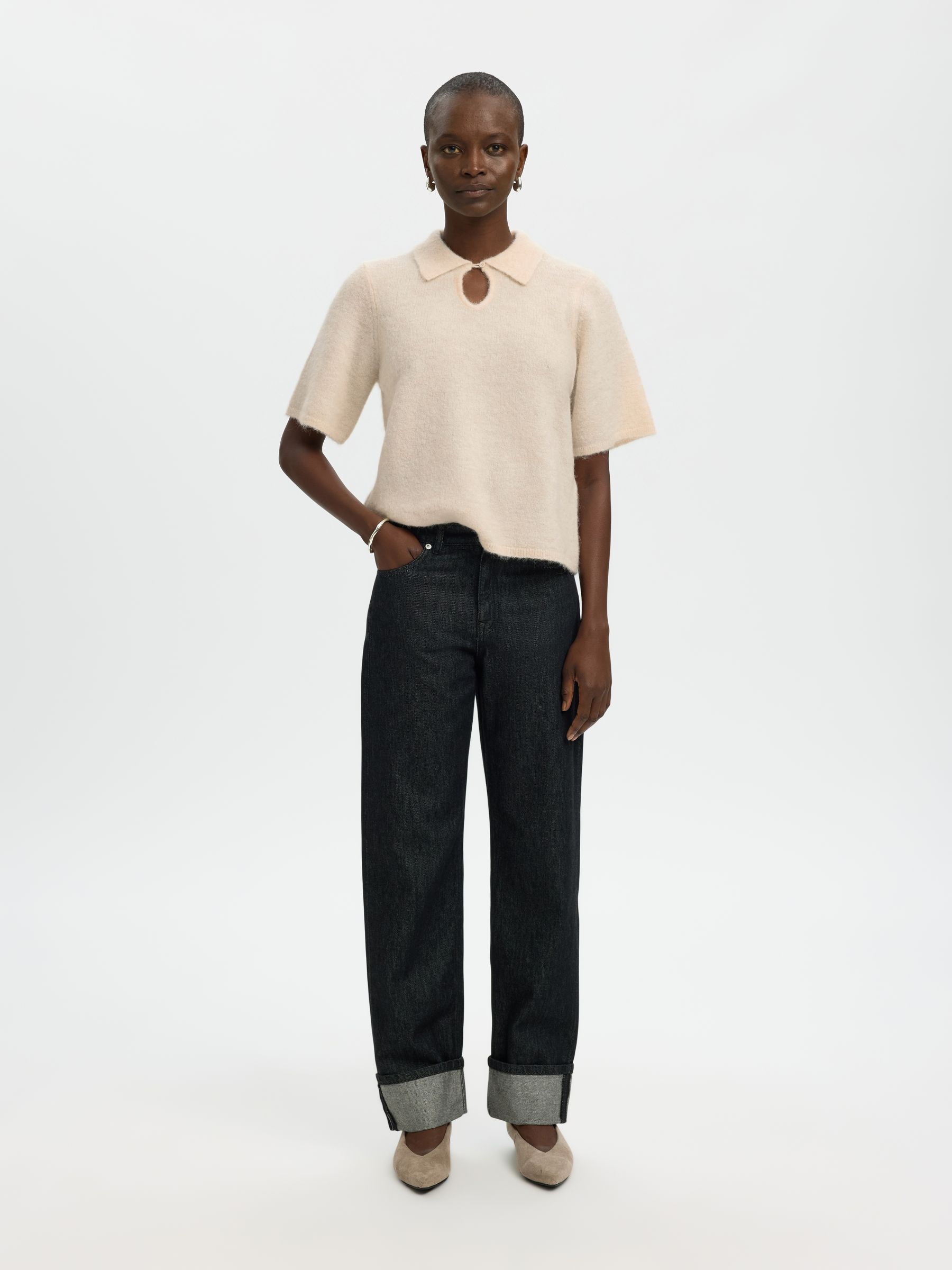 SHORT SLEEVED KNITTED TOP, Birch, highres