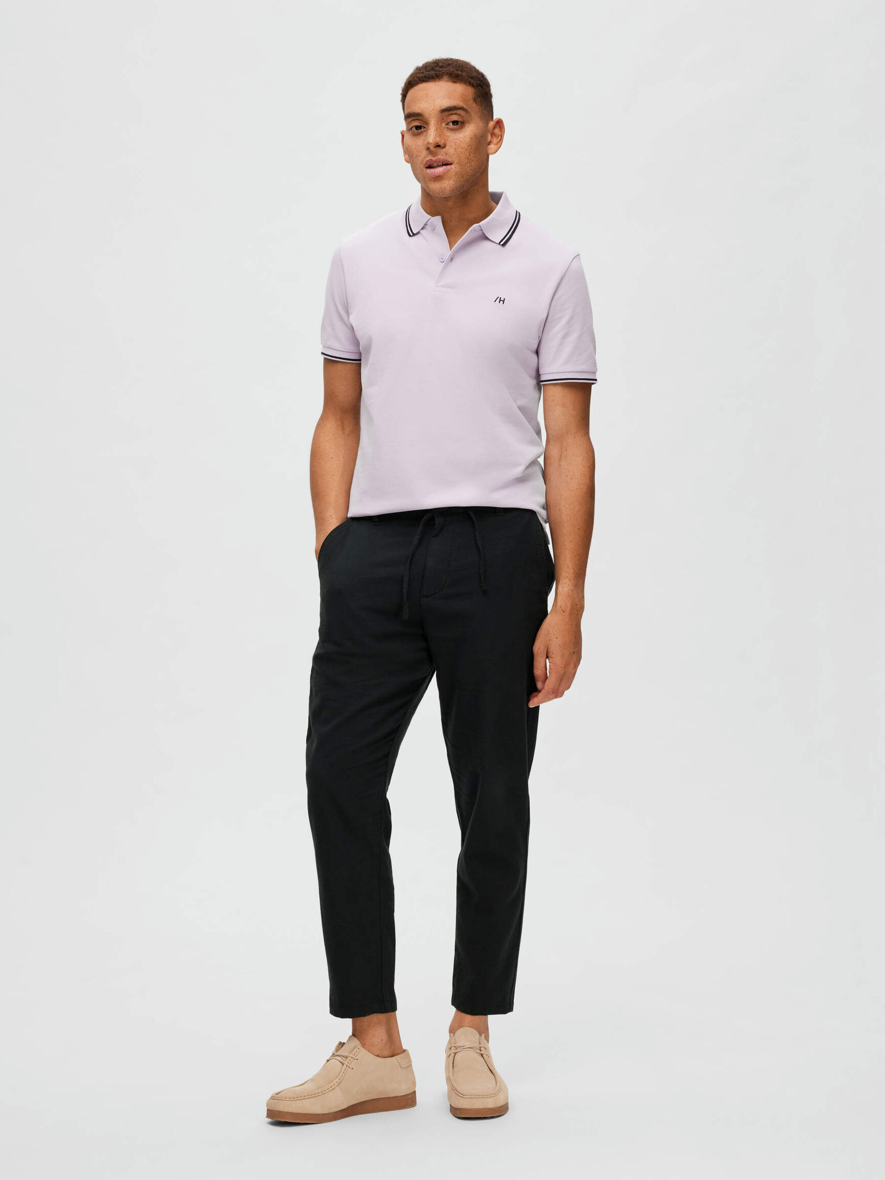 SLIM TAPERED LINEN BLEND TROUSERS, Black, highres