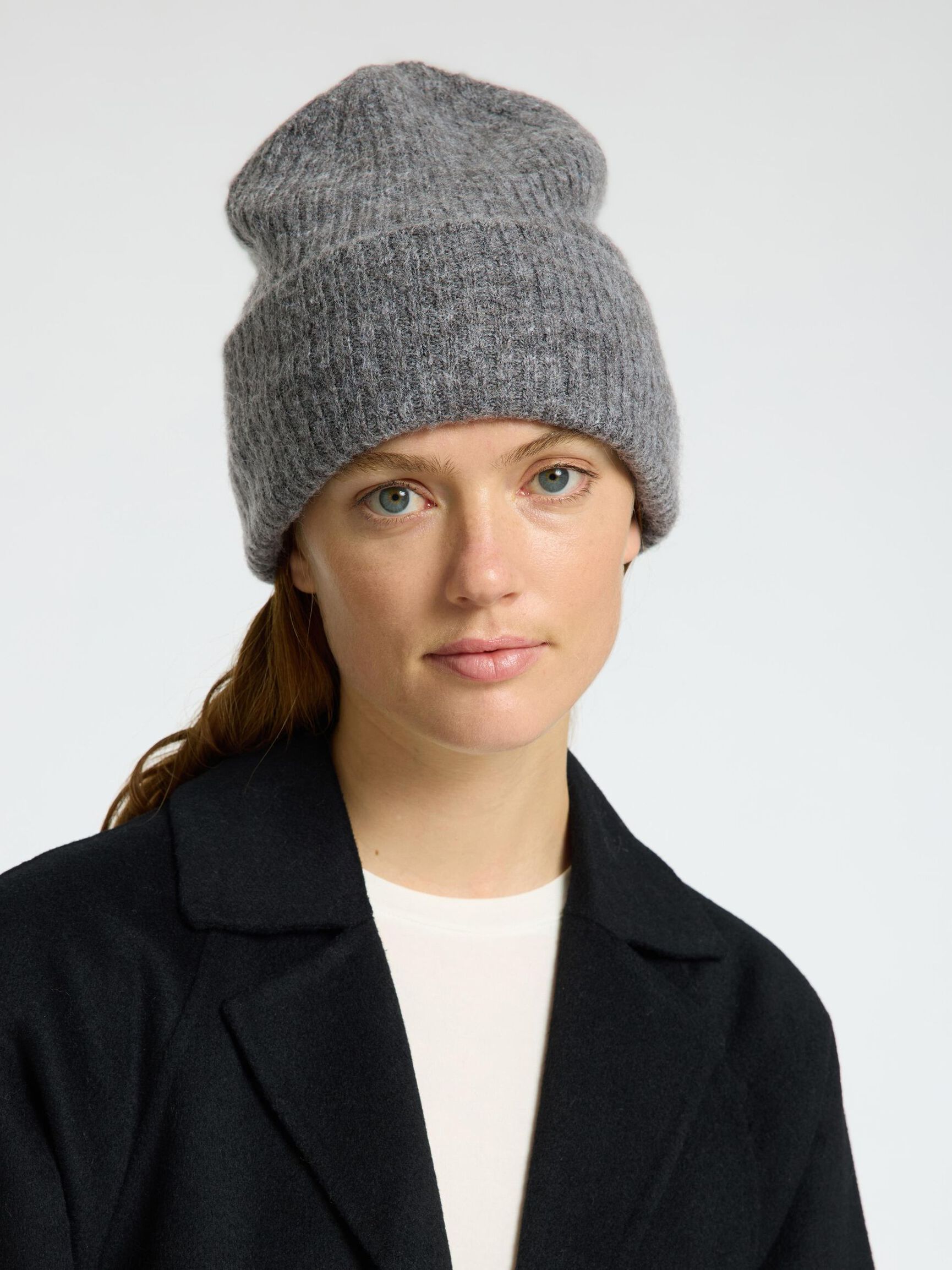 RIBBED WOOL BLEND BEANIE, Medium Grey Melange, highres