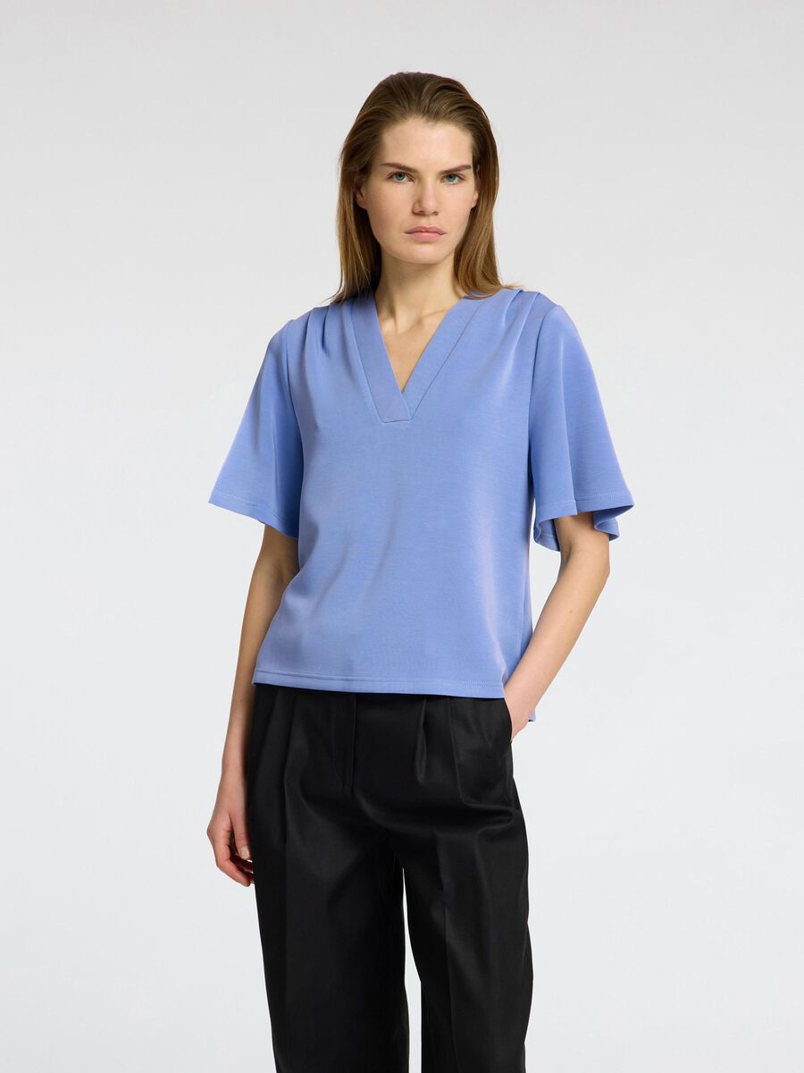 Selected SHORT SLEEVED V-NECK TOP, Cornflower Blue, highres - 16096373_CornflowerBlue_003.jpg
