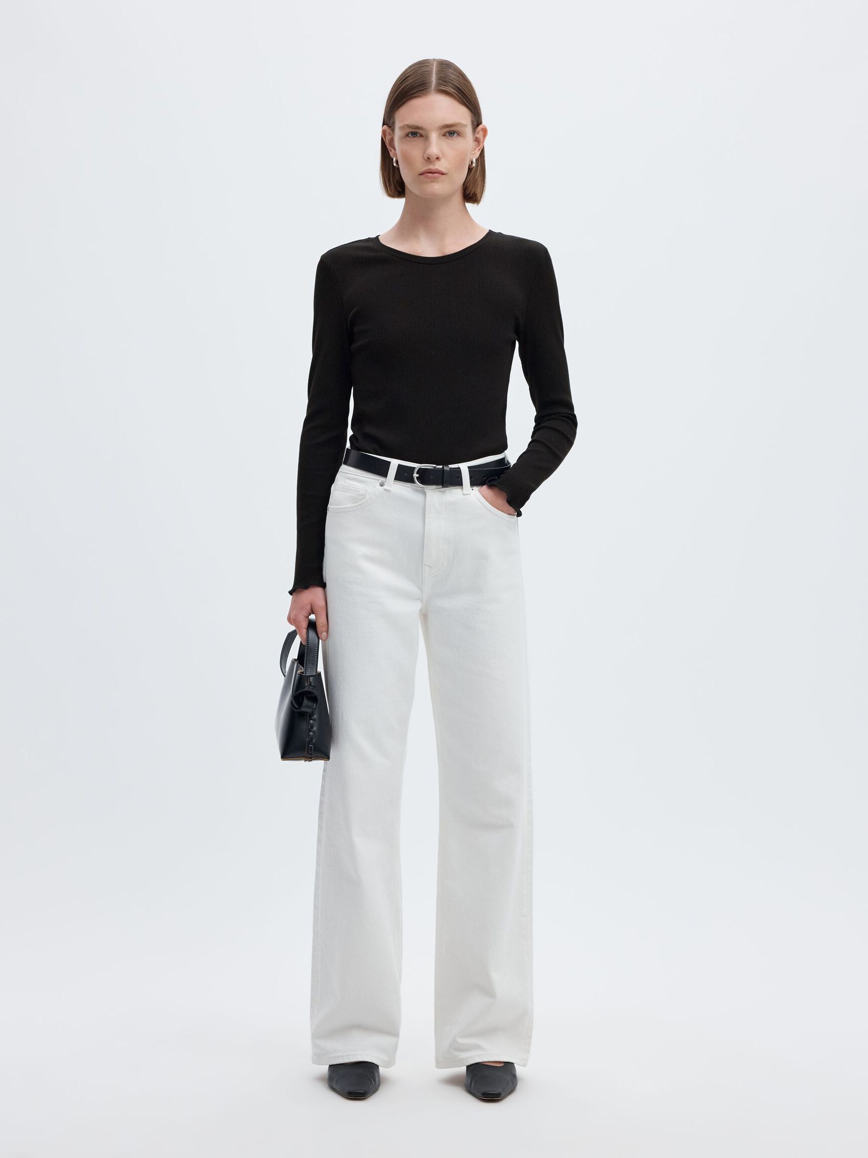 RIBBED LONG SLEEVED TOP, Black, highres