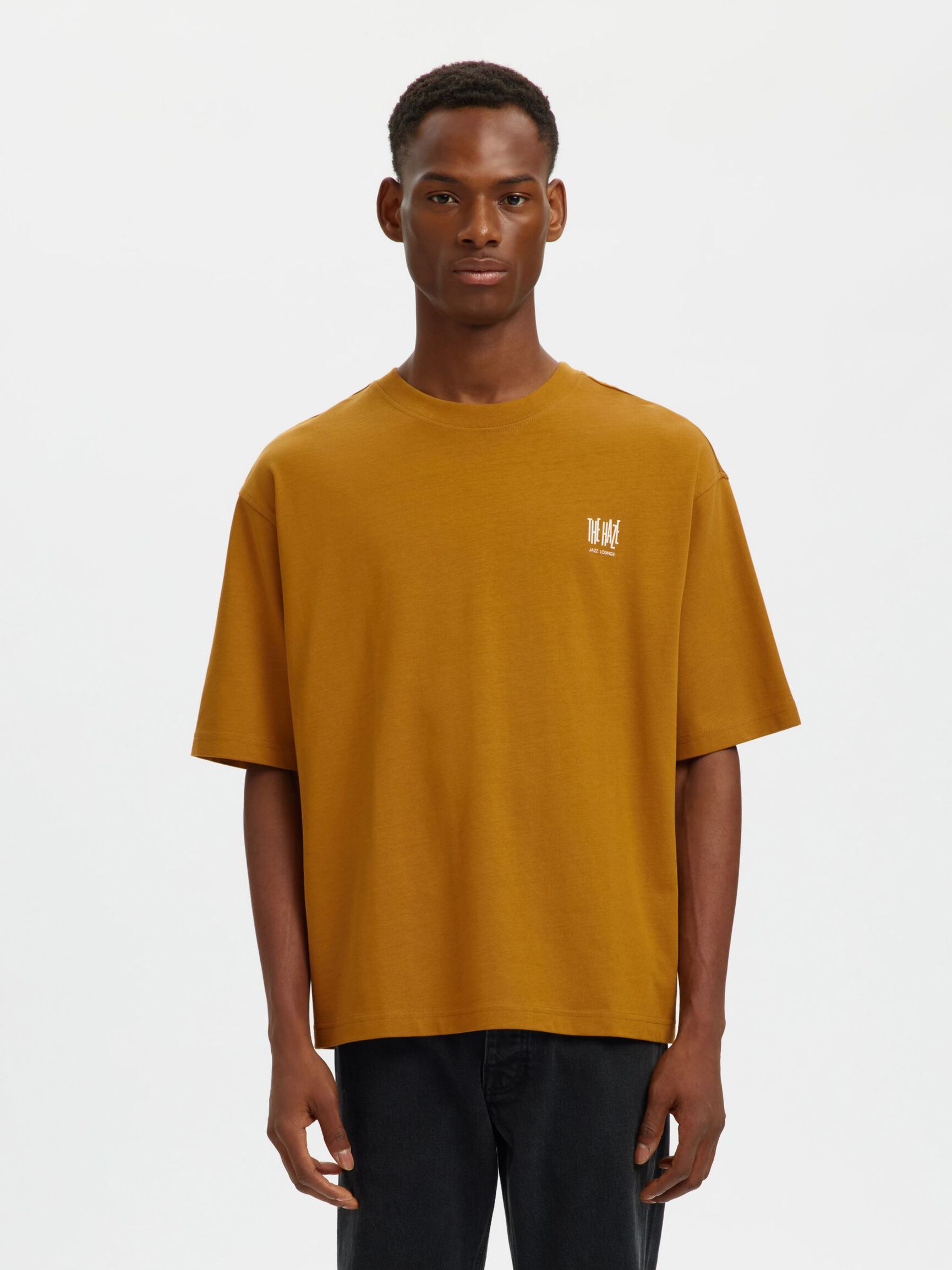 TRYCKTA T-SHIRT MED RUND HALSRINGNING, Golden Brown, highres