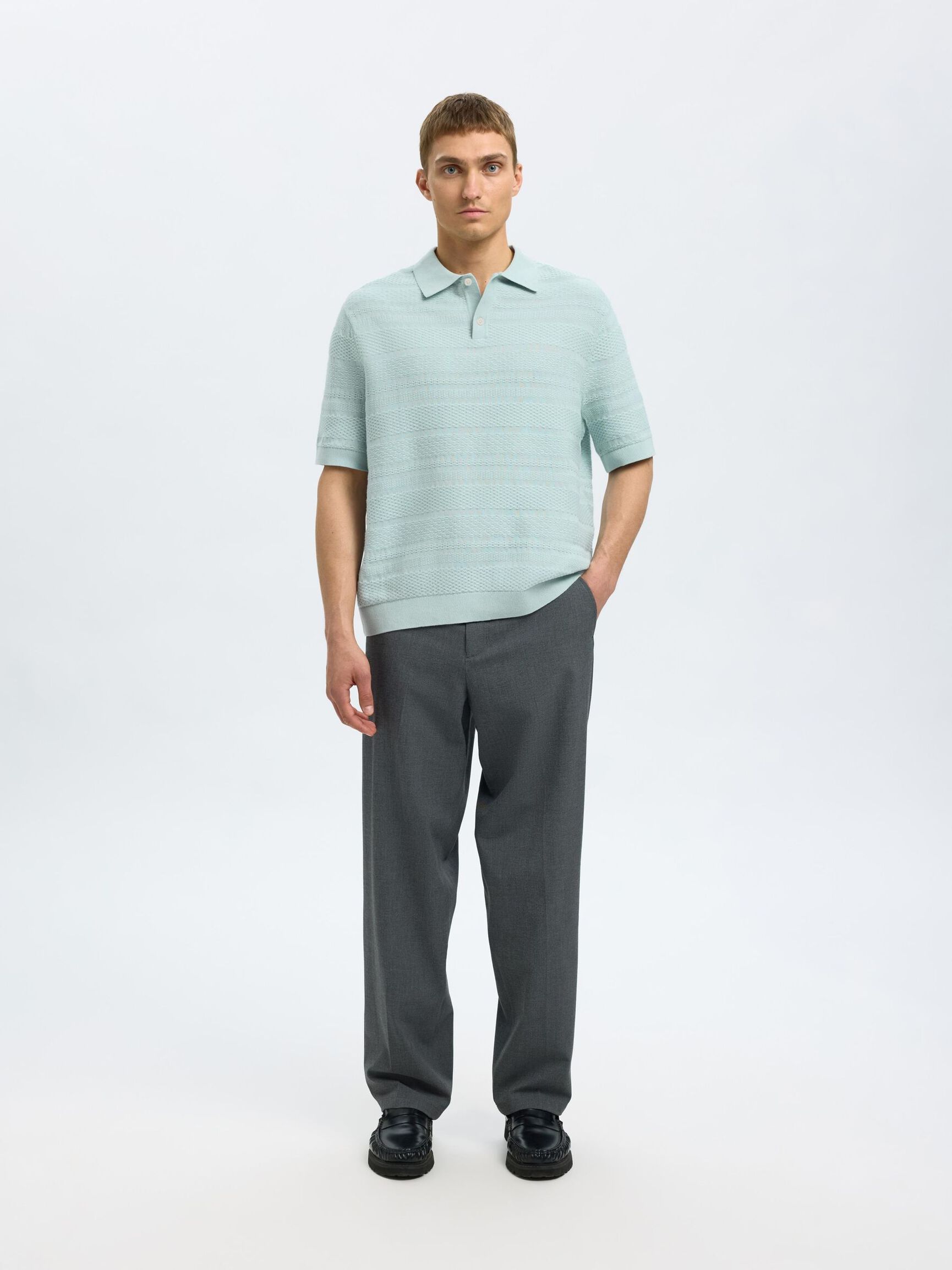TEXTURED KNITTED POLO SHIRT, Winter Sky, highres
