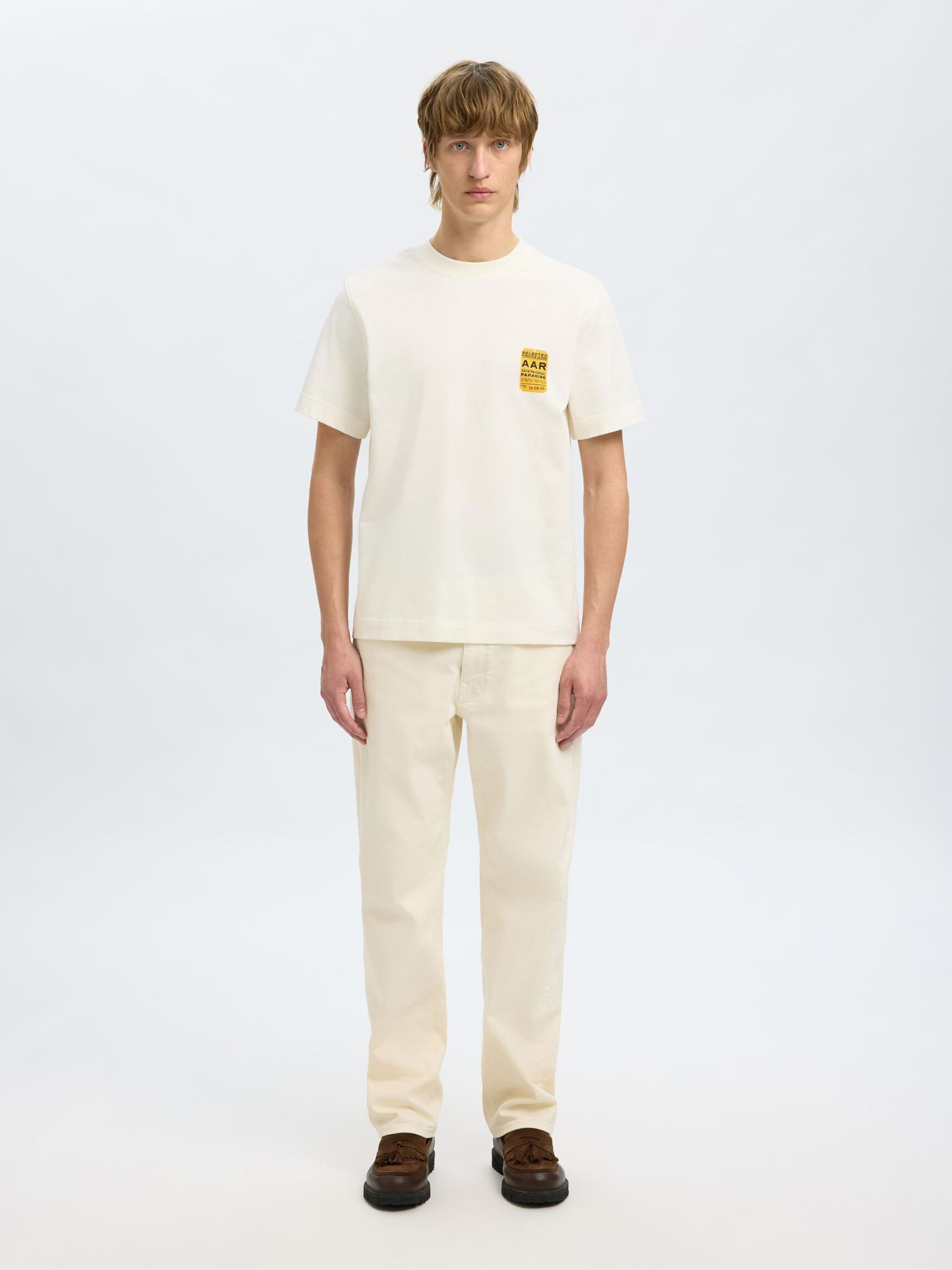 REGULAR FIT PRINTED CREWNECK T-SHIRT, Egret, highres