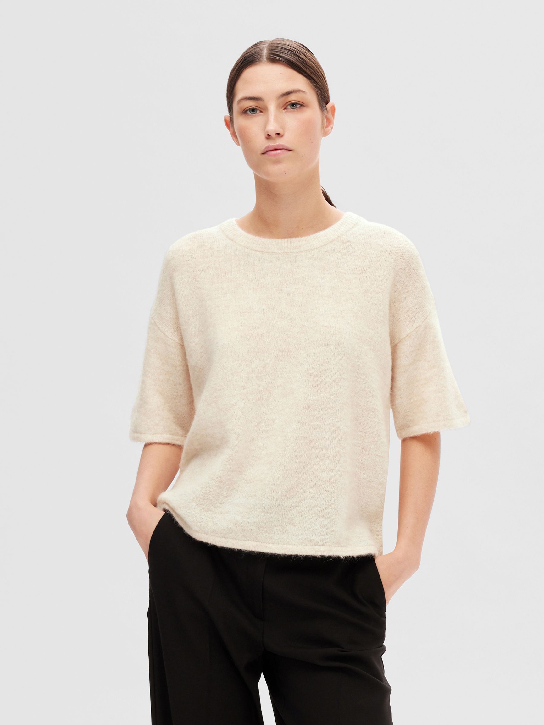 SHORT-SLEEVED WOOL BLEND TOP, Birch, highres