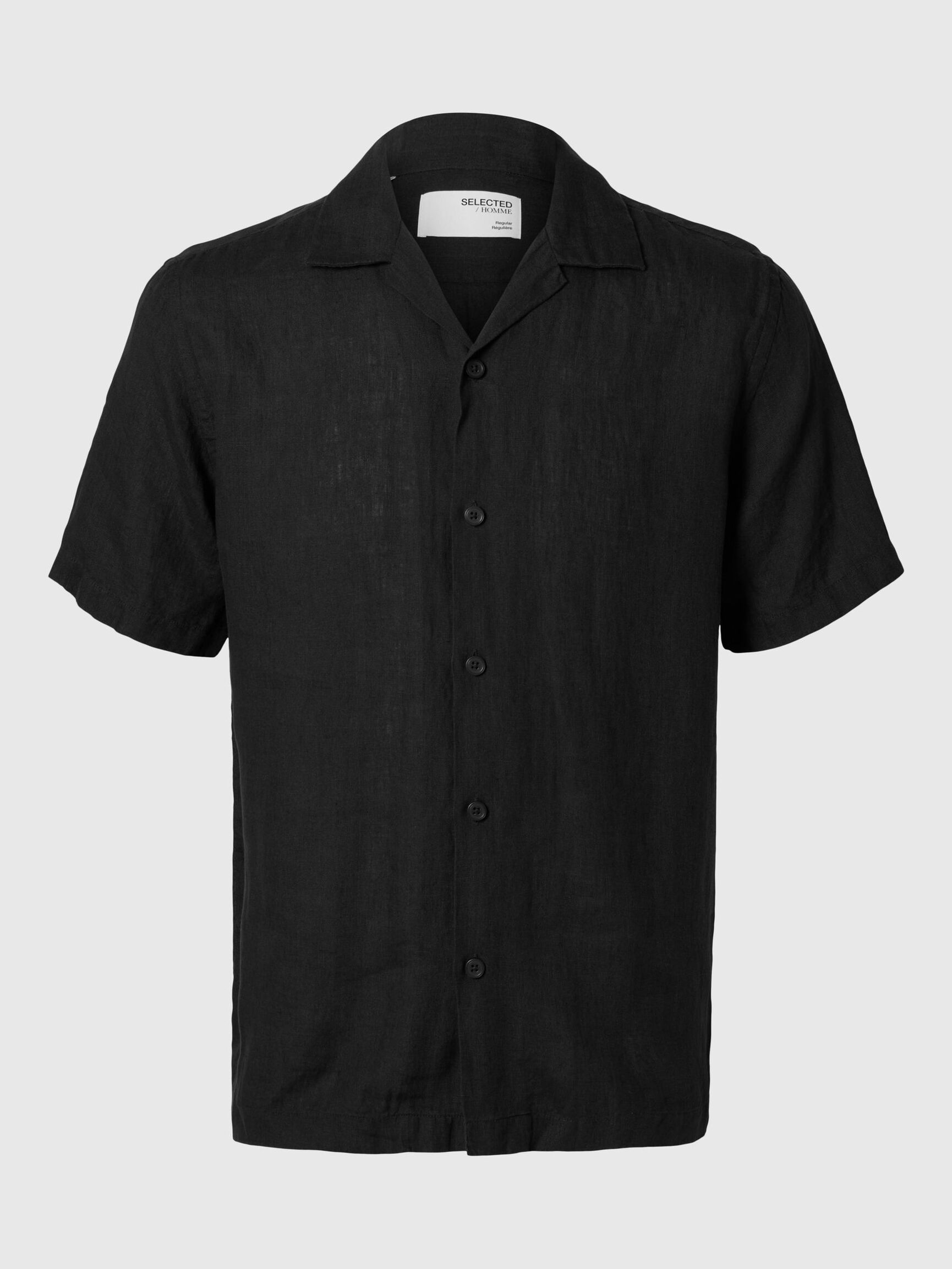 100% LINNEN OVERHEMD MET KORTE MOUWEN, Black, highres