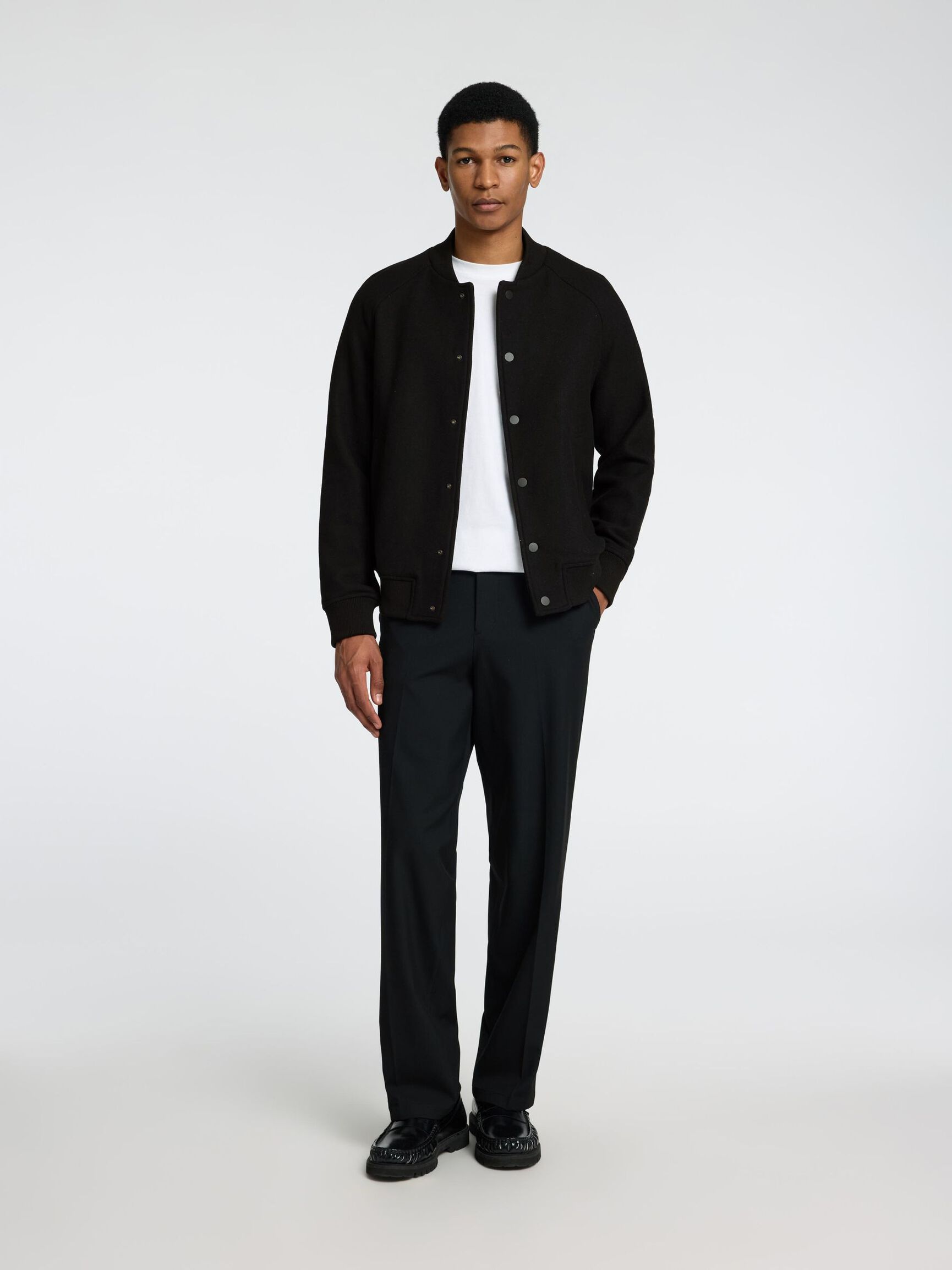 WOOL BLEND BOMBER JACKET, Black, highres