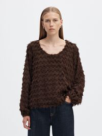 ZIGZAG FRINGE BALLOON SLEEVE TOP, Delicioso, highres