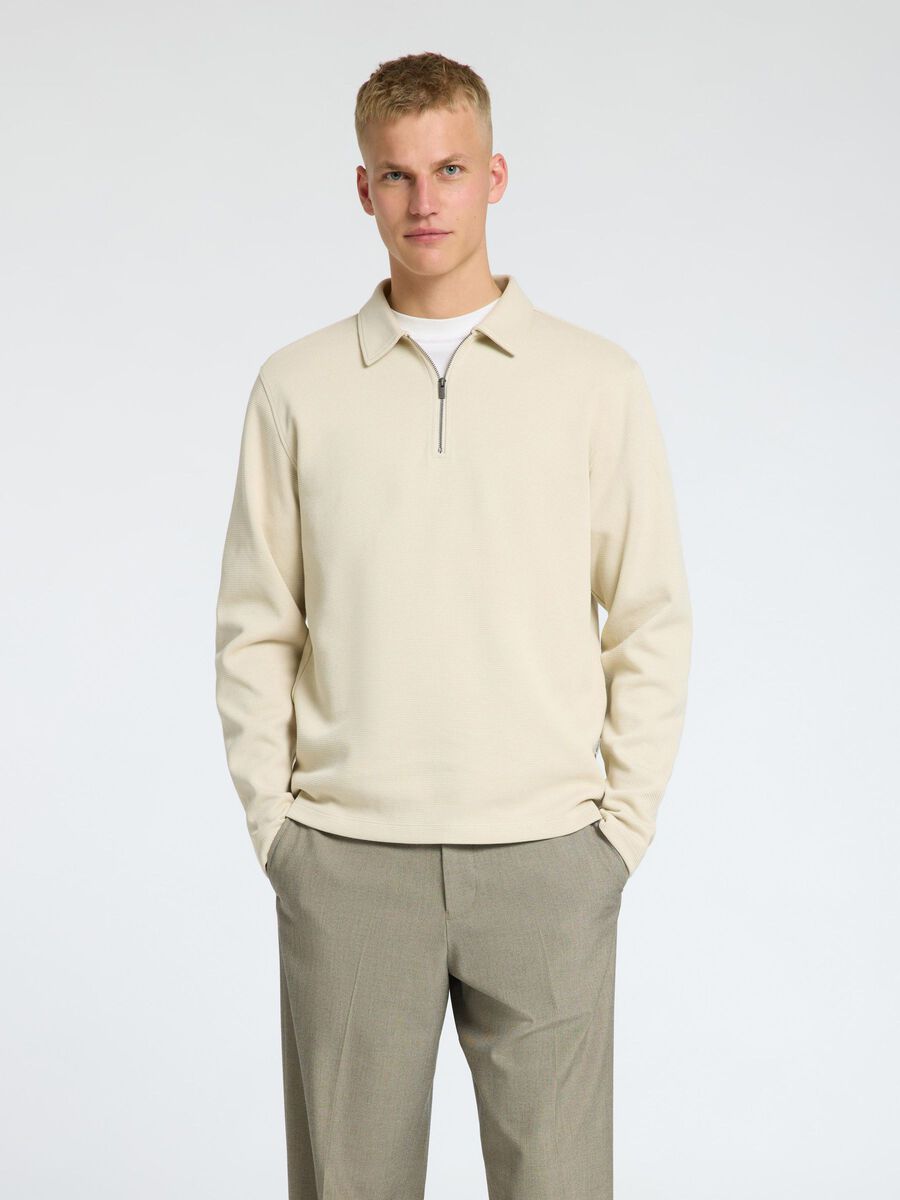 Selected RIBBED HALF ZIP LONG-SLEEVED POLO, Oatmeal, highres - 16095710_Oatmeal_003.jpg