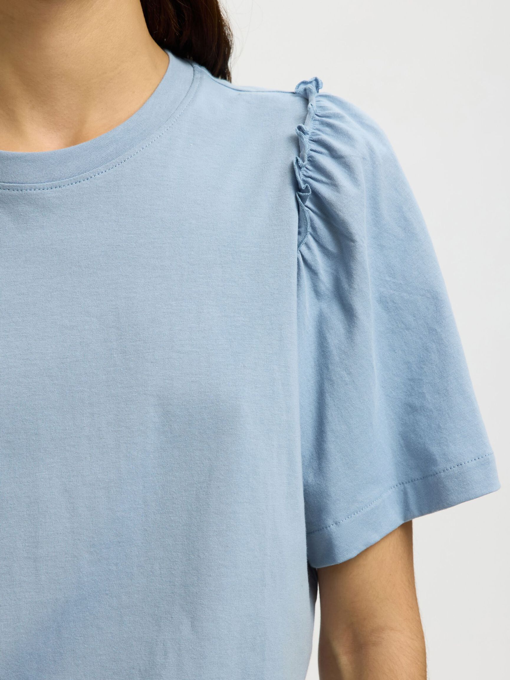 RUFFLED COTTON T-SHIRT, Dusty Blue, highres